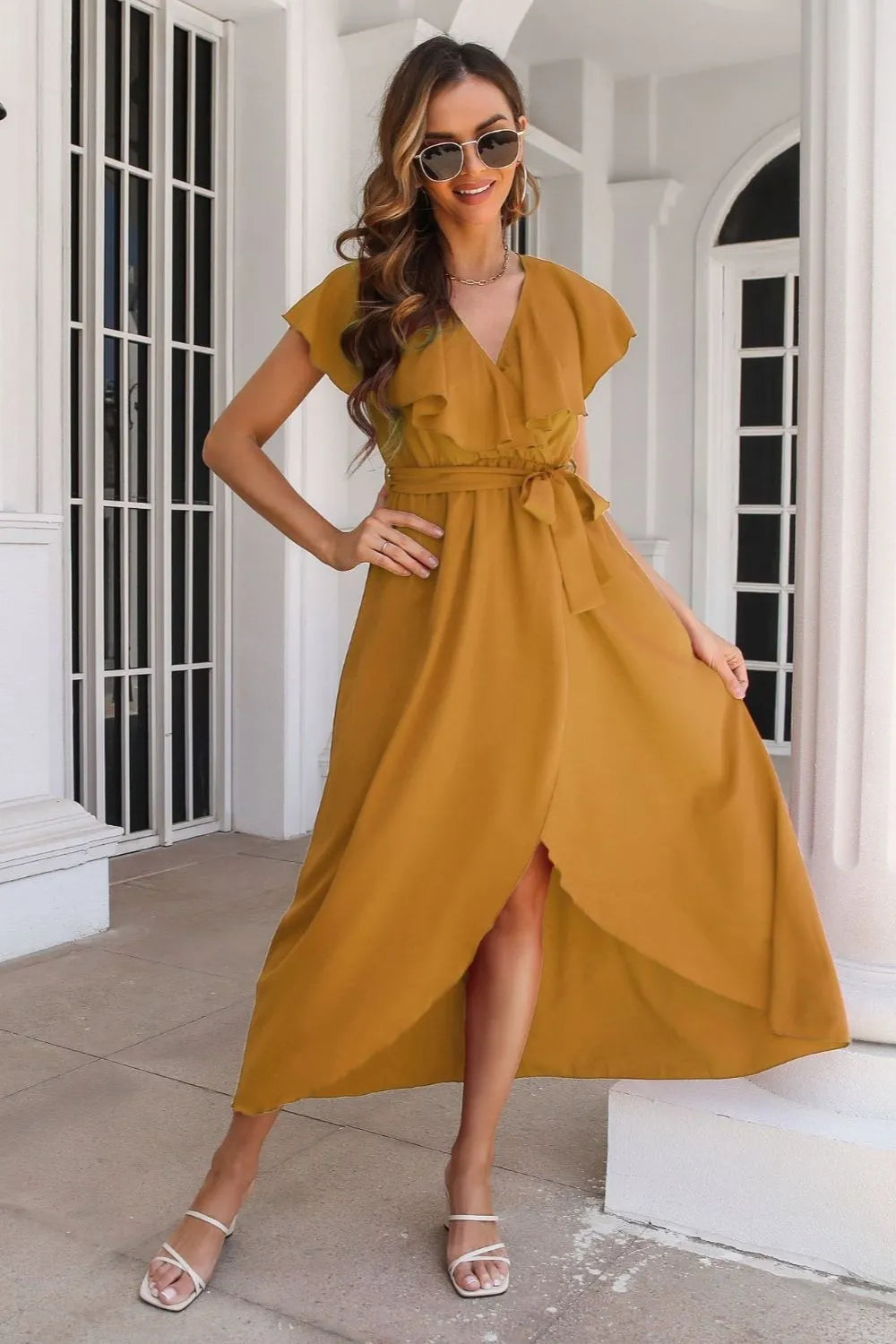 Tied Front Ruffled Short Sleeve Midi Dress