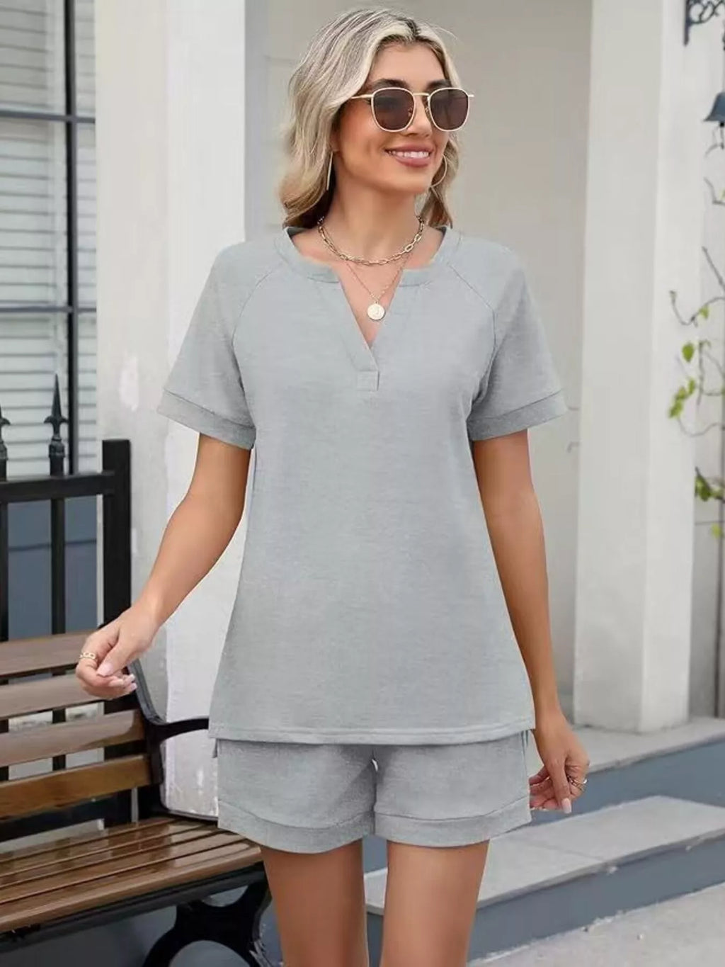 Solid Color Short Sleeve Top and Shorts Two-Piece Set