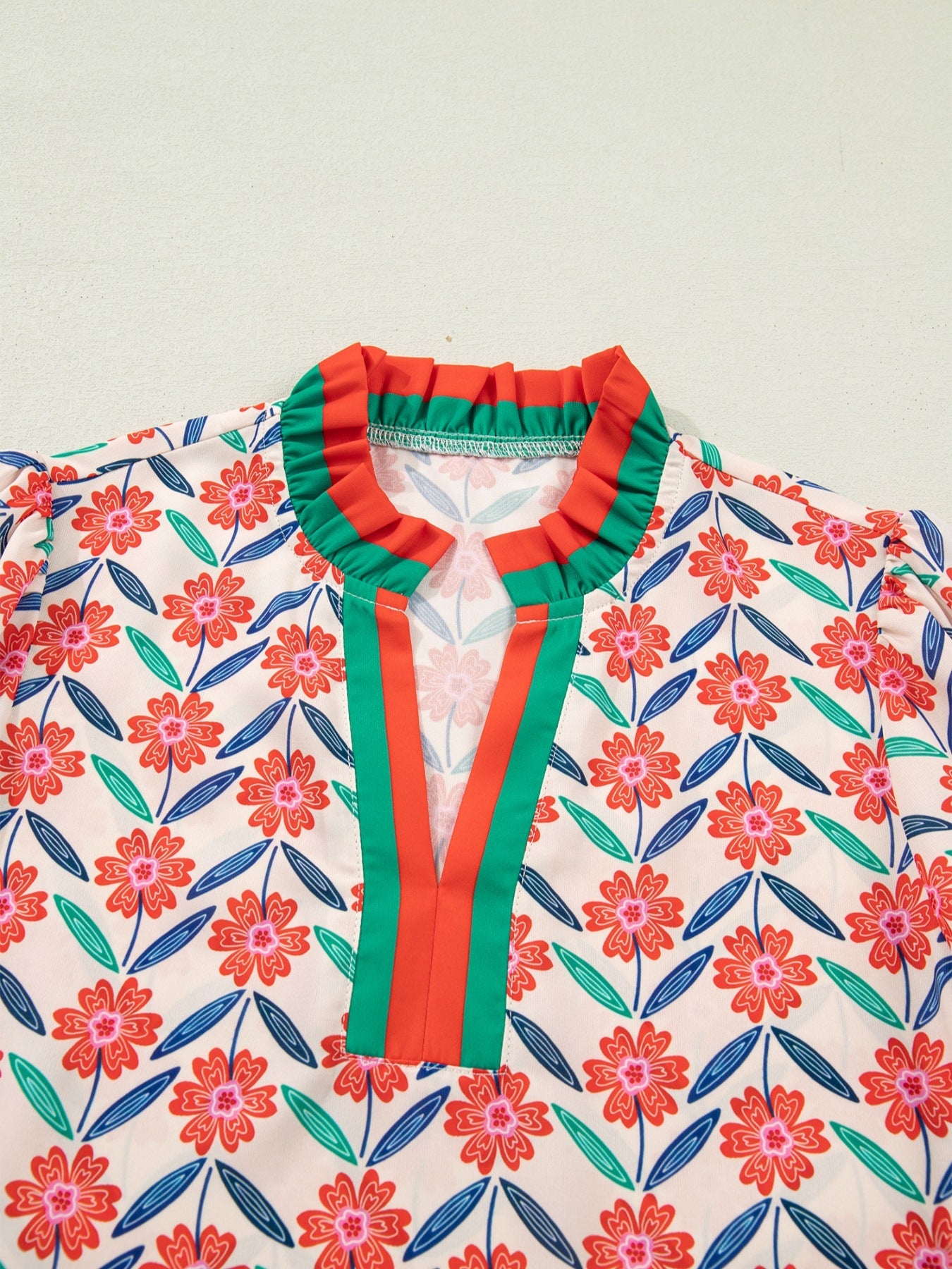 Floral Print Striped Detail V Neck Ruffled Short Sleeve Blouse