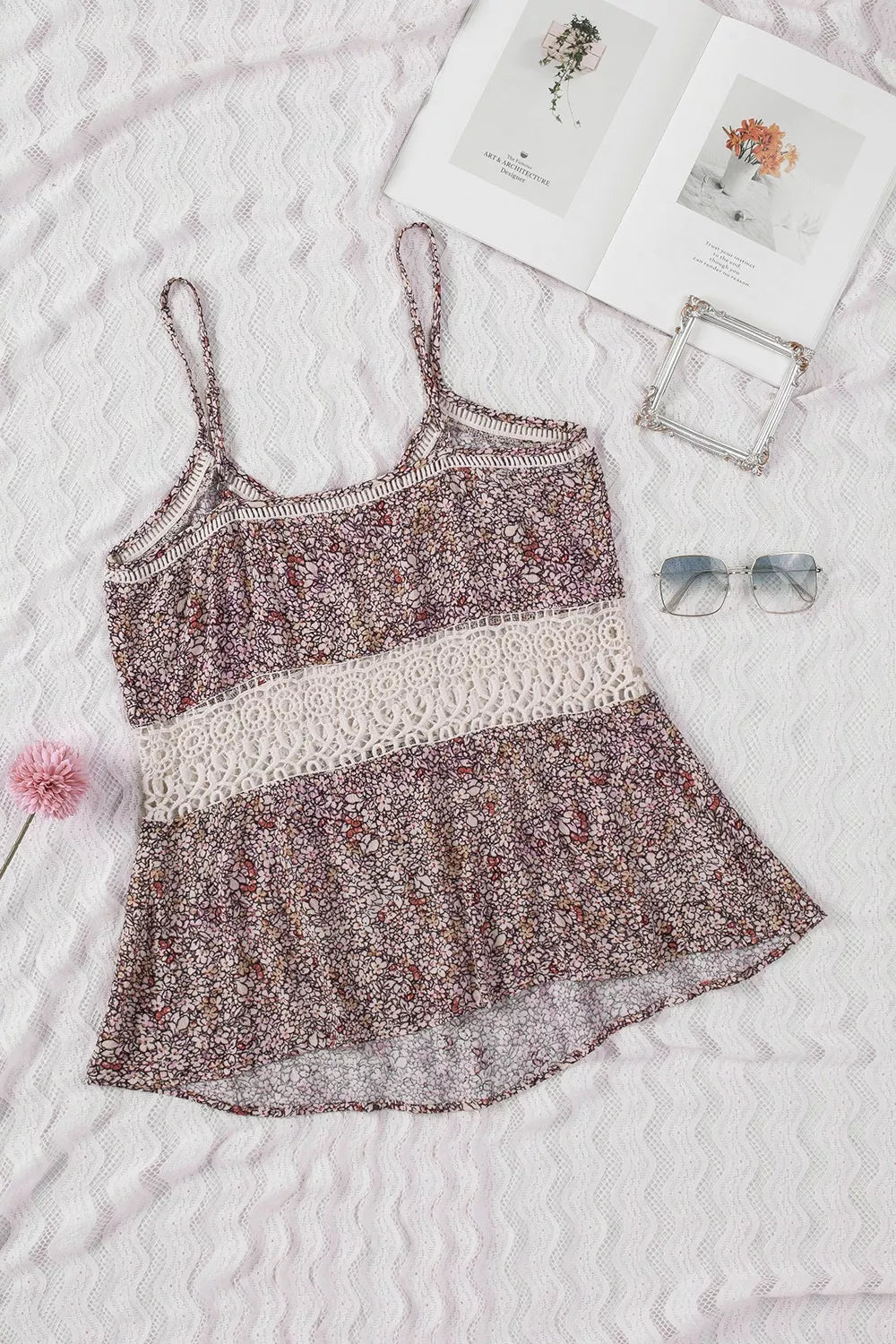 Floral Print Crochet Trim Cami with Spaghetti Straps