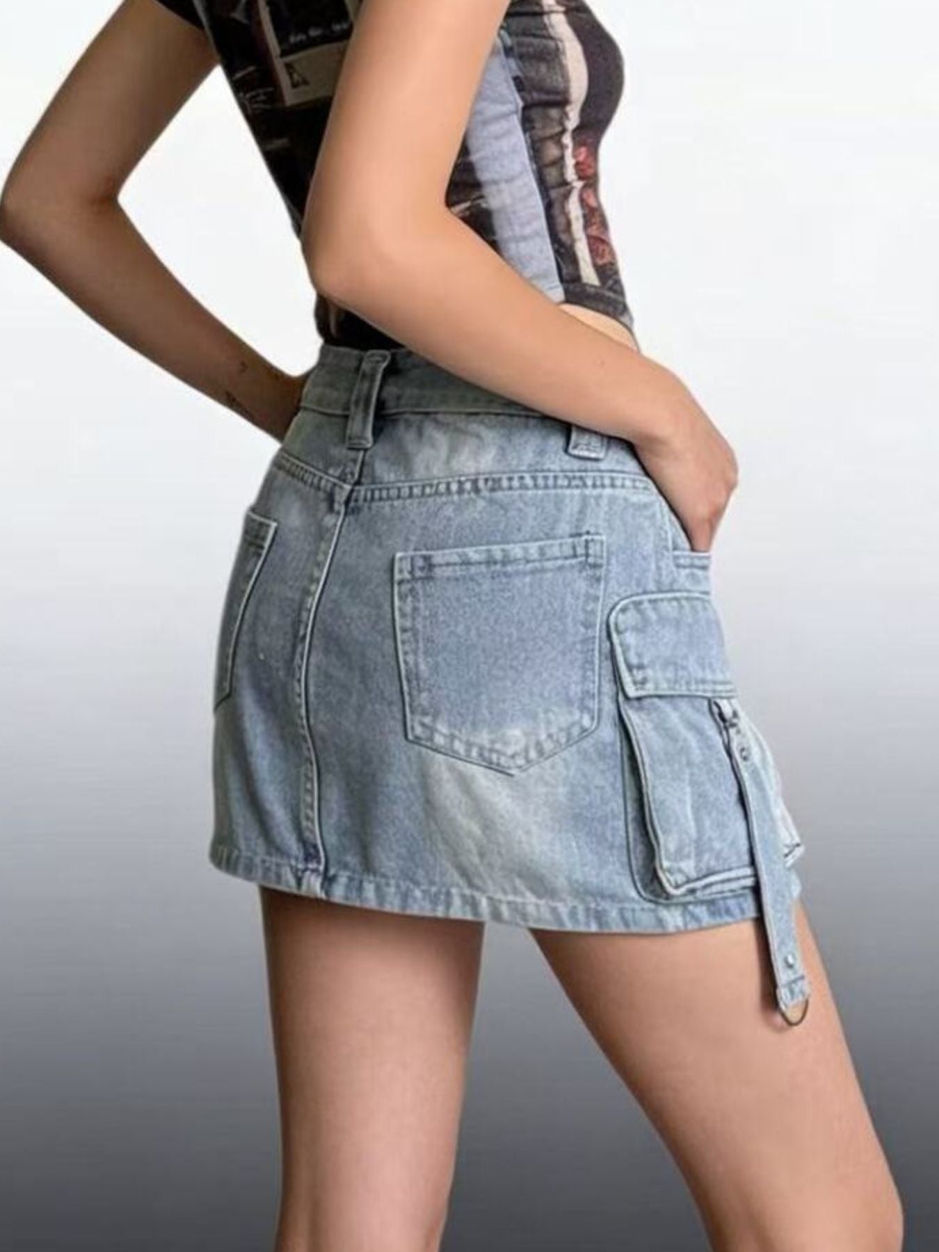 Washed Cargo Denim Skirt