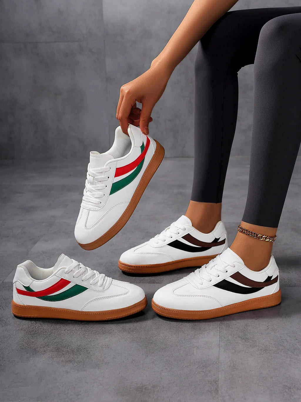 Lace Up Flat Sneakers with Stripe Accent