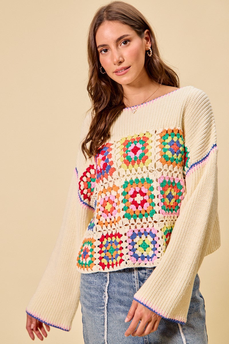 SO ME Multi Color Granny Crochet Lace Sweater Top