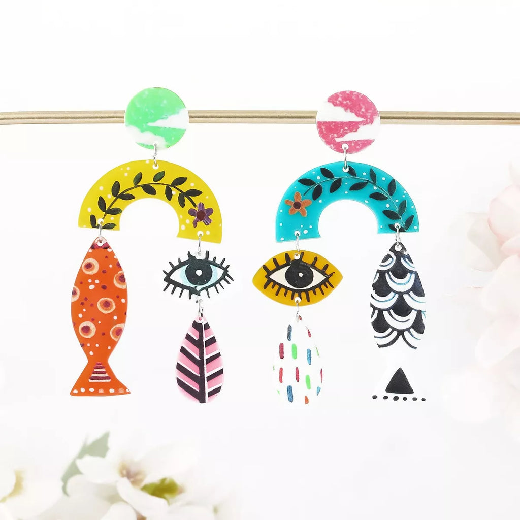 Evil Eye & Fish Dangle Earrings