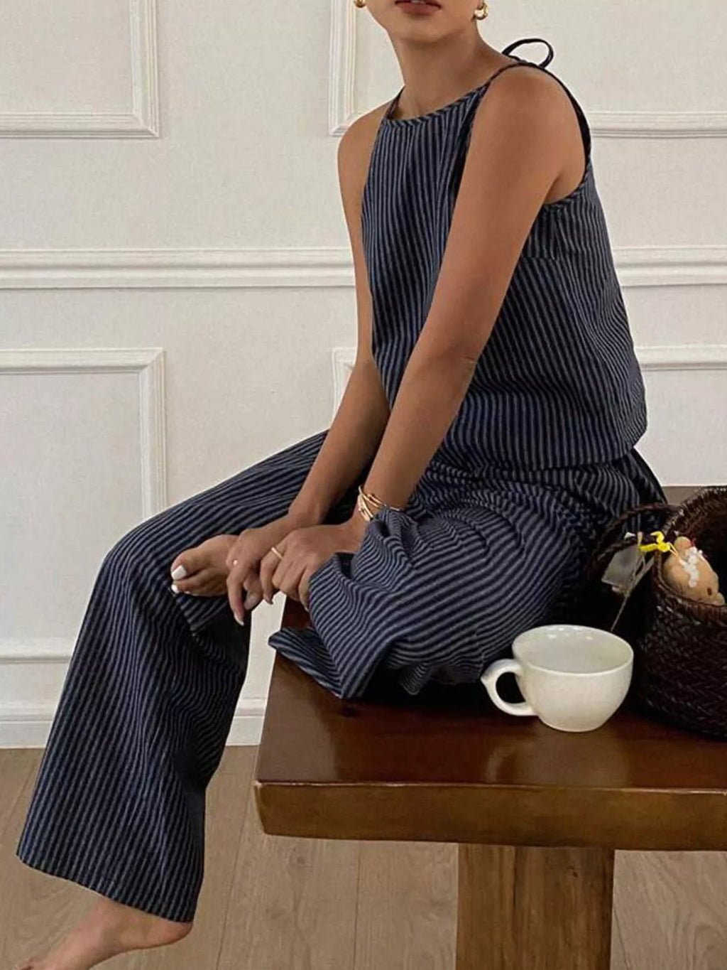 Striped Sleeveless Top and Wide-Leg Pants Set