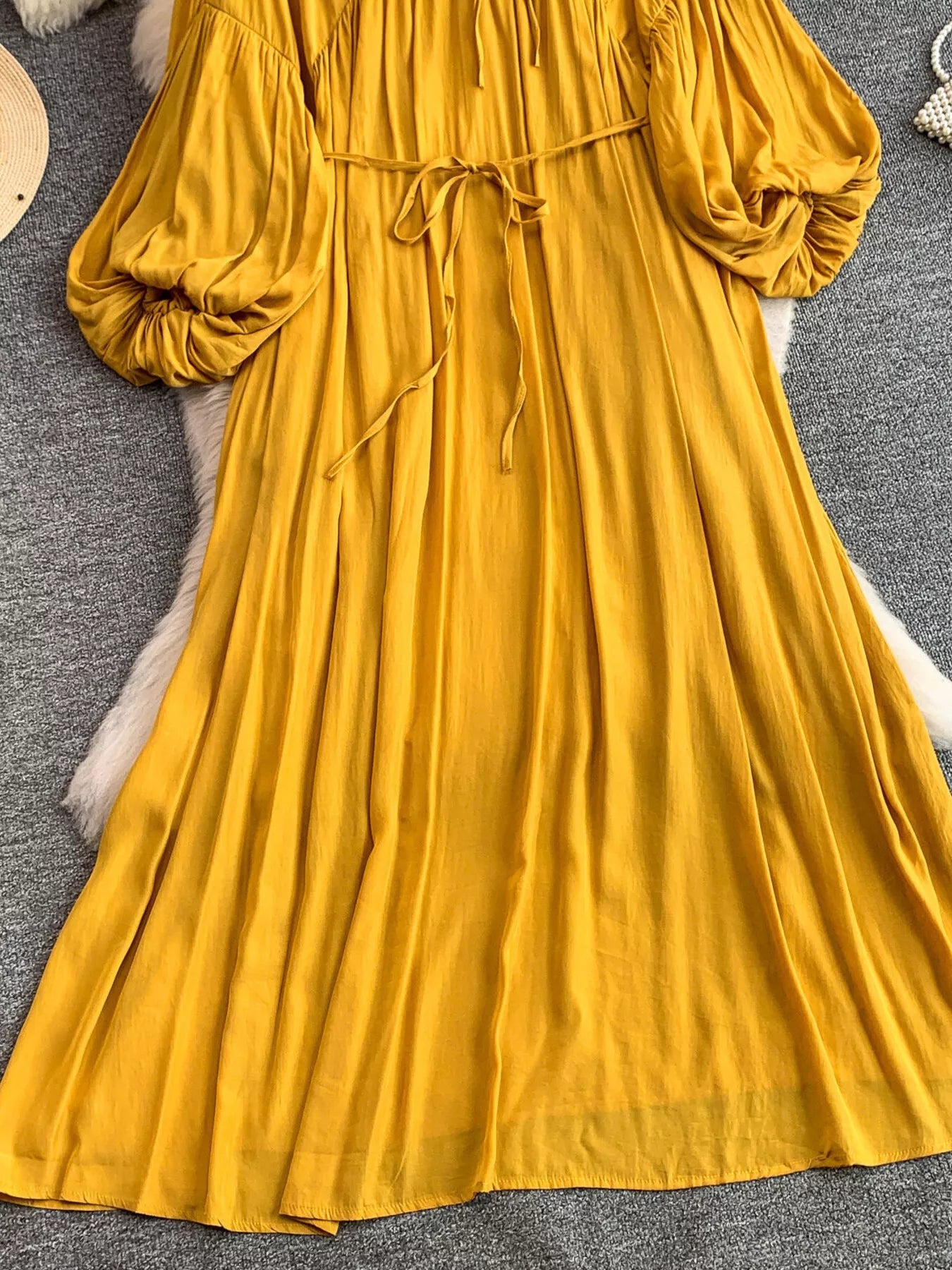Balloon Sleeve Tie-Waist Dress