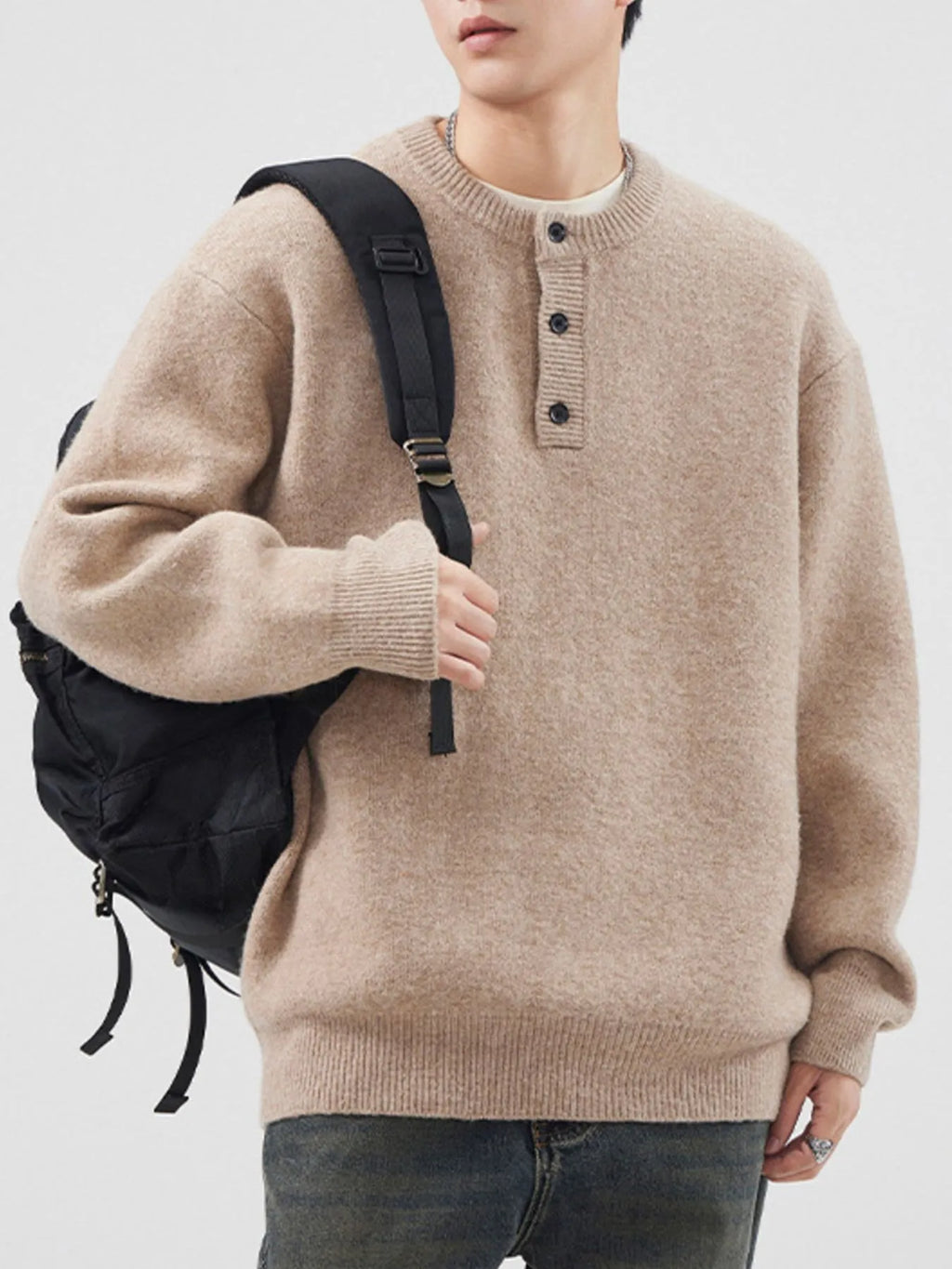 Men's Plus Size Button Detail Ribbed Hem Sweater