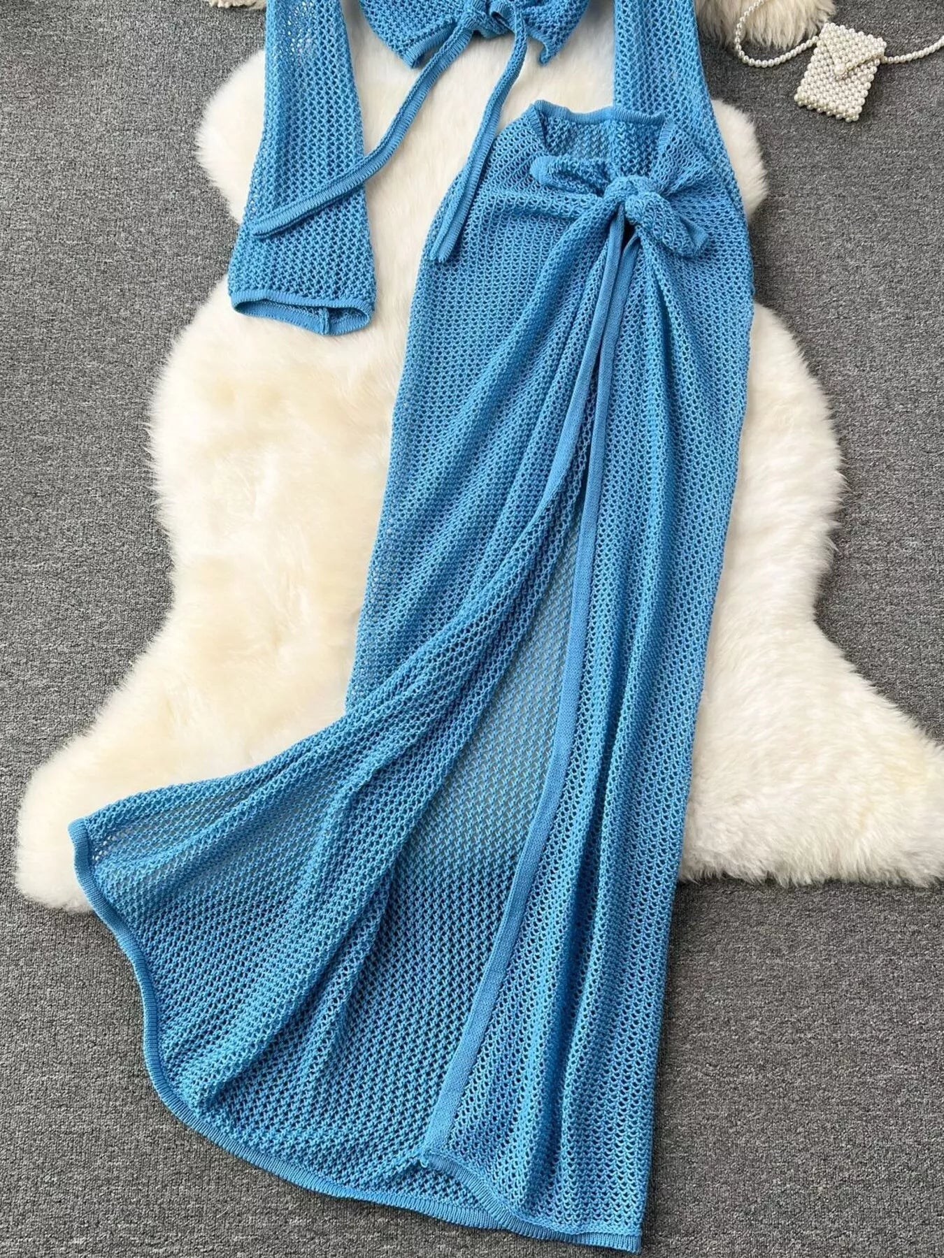 Knitted Crop Top and Slit Skirt Set