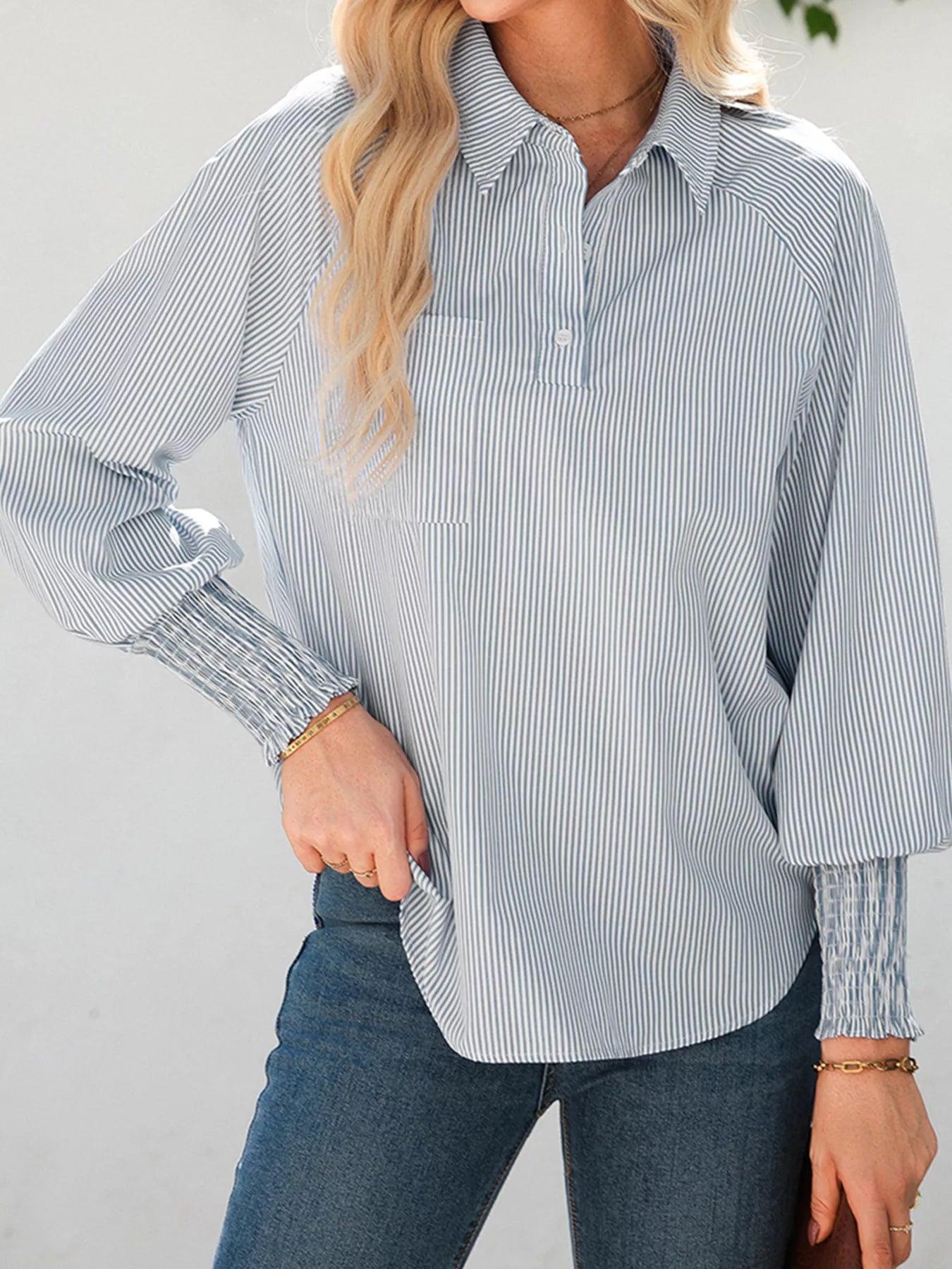 Pinstripe Long Sleeve Smocked Cuffs Button Shirt Collar Blouse