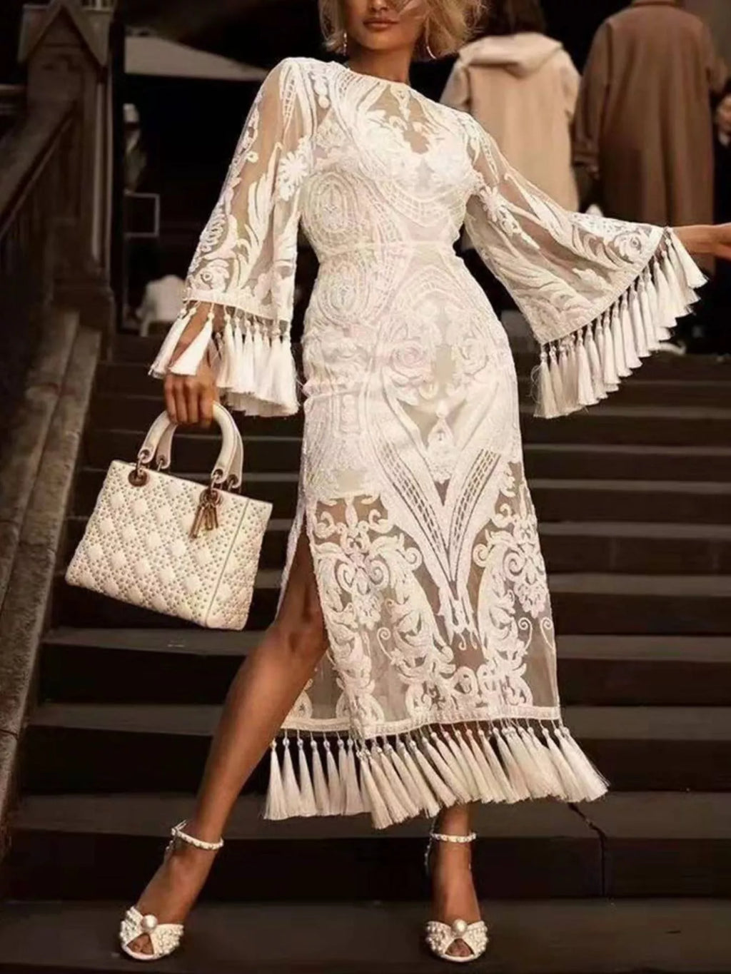 Full Size Tassel Hem Lace Flare Sleeve Dress Plus Size
