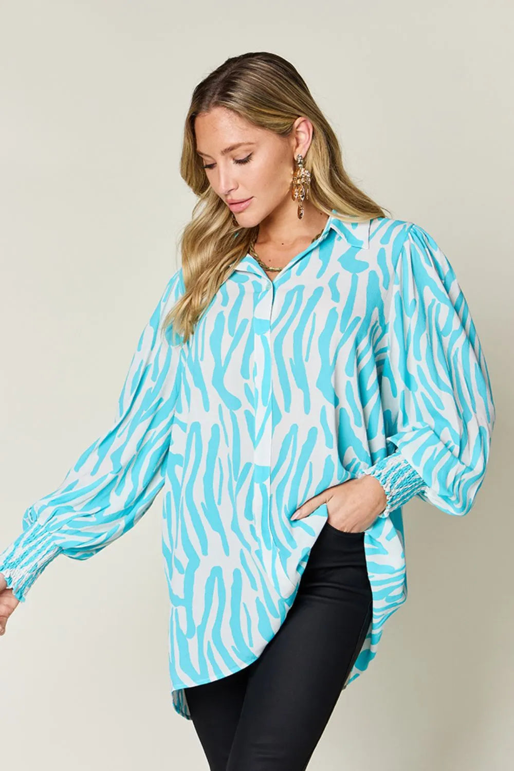 Double Take Full Size Printed Smocked Long Sleeve Blouse Plus Size