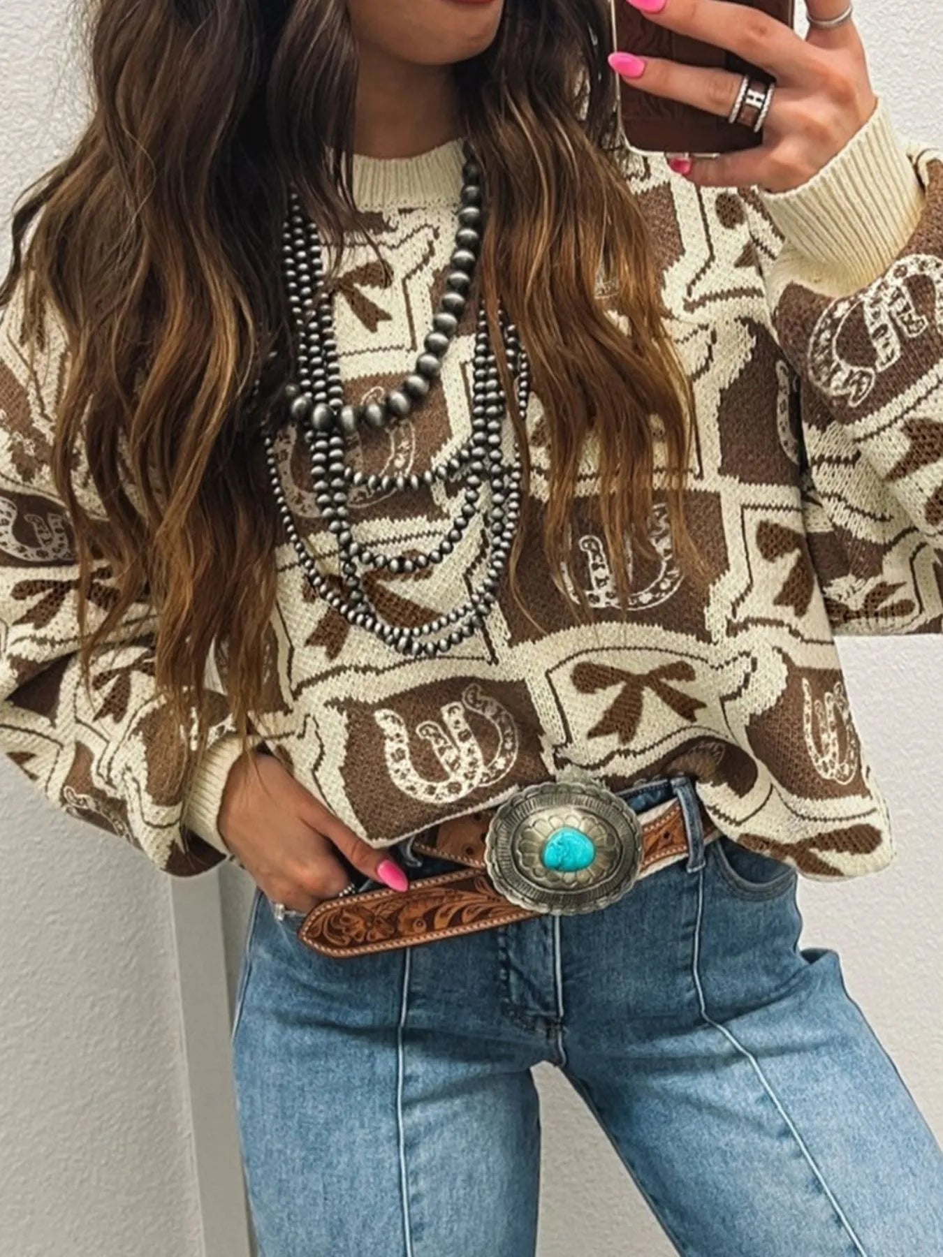 Graphic Round Neck Long Sleeve Sweater