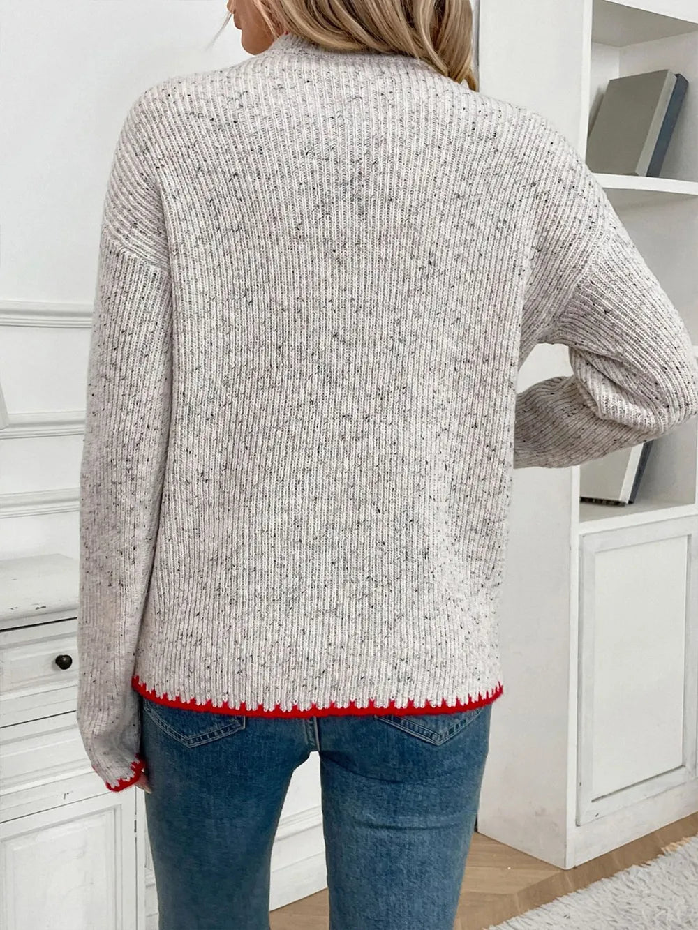 Perfee Contrast Heart Round Neck Long Sleeve Sweater