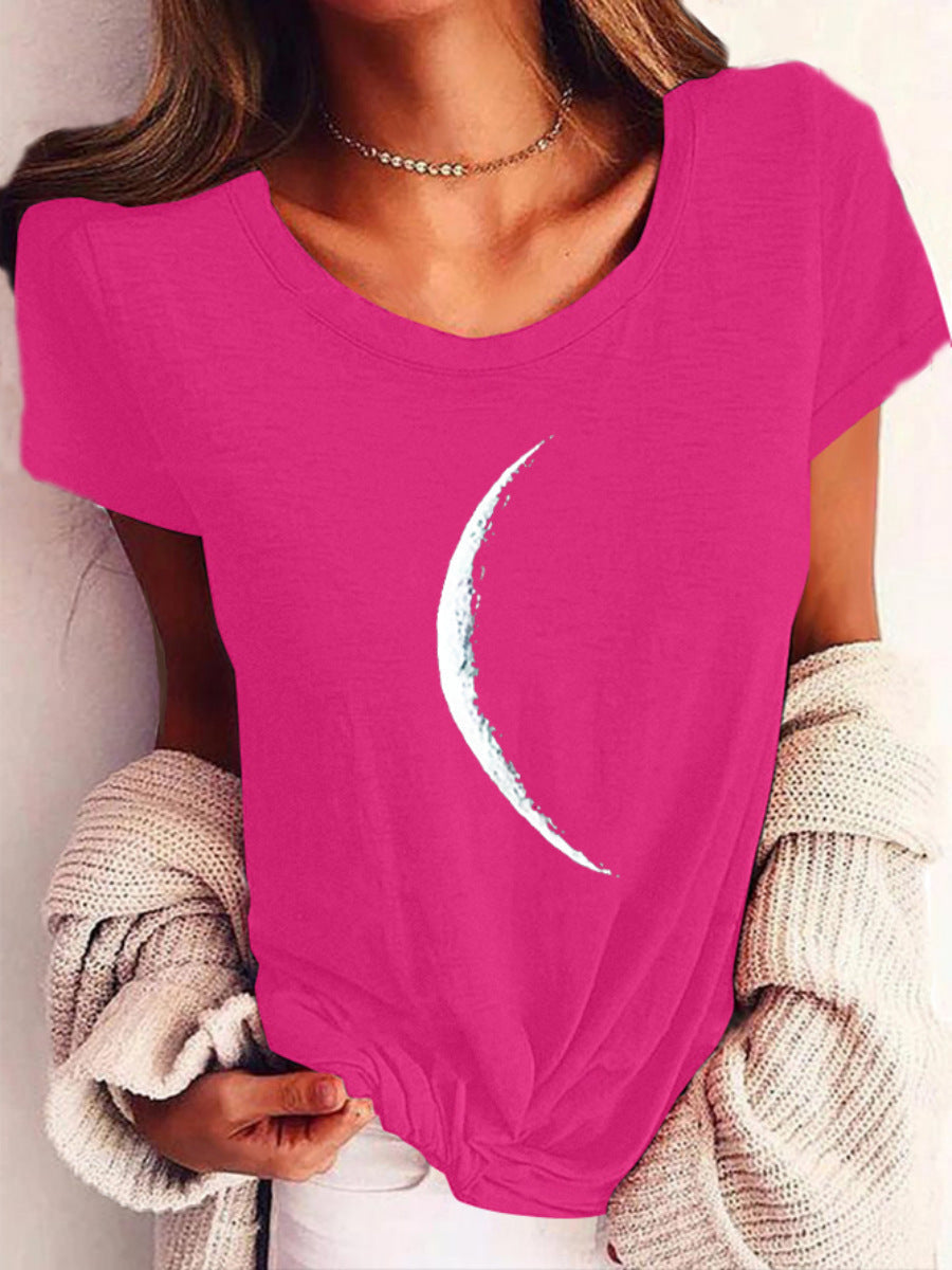 Wide Collar Printed T-Shirt – Casual Short Sleeve Top for Women