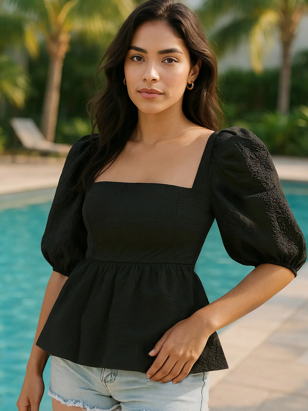 Textured Square Neck Puff Sleeve Peplum Blouse