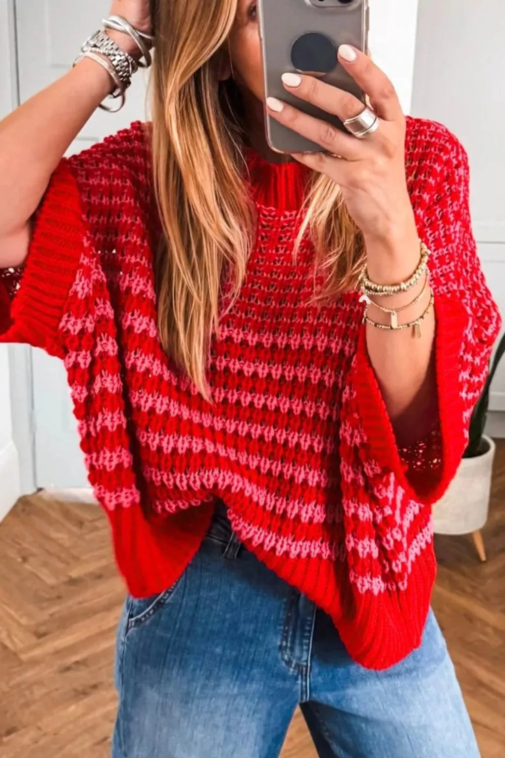 Stripe Wavy Crochet Eyelet Detail Ruffle Half Sleeve Sweater
