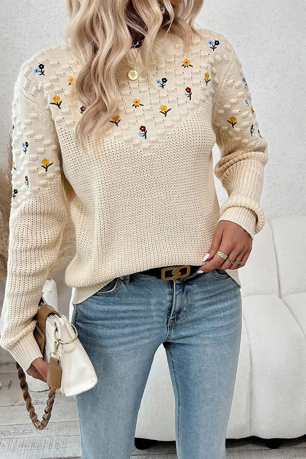 Floral Round Neck Dropped Shoulder Sweater