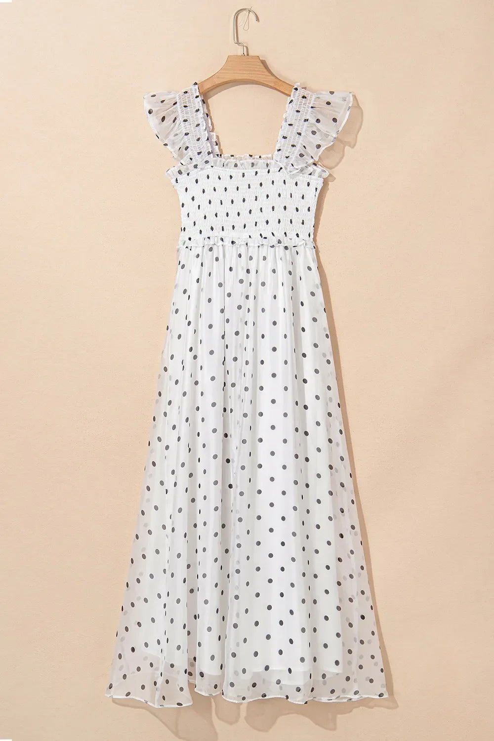 Polka Dot Ruffle Sleeve Smocked Midi Dress