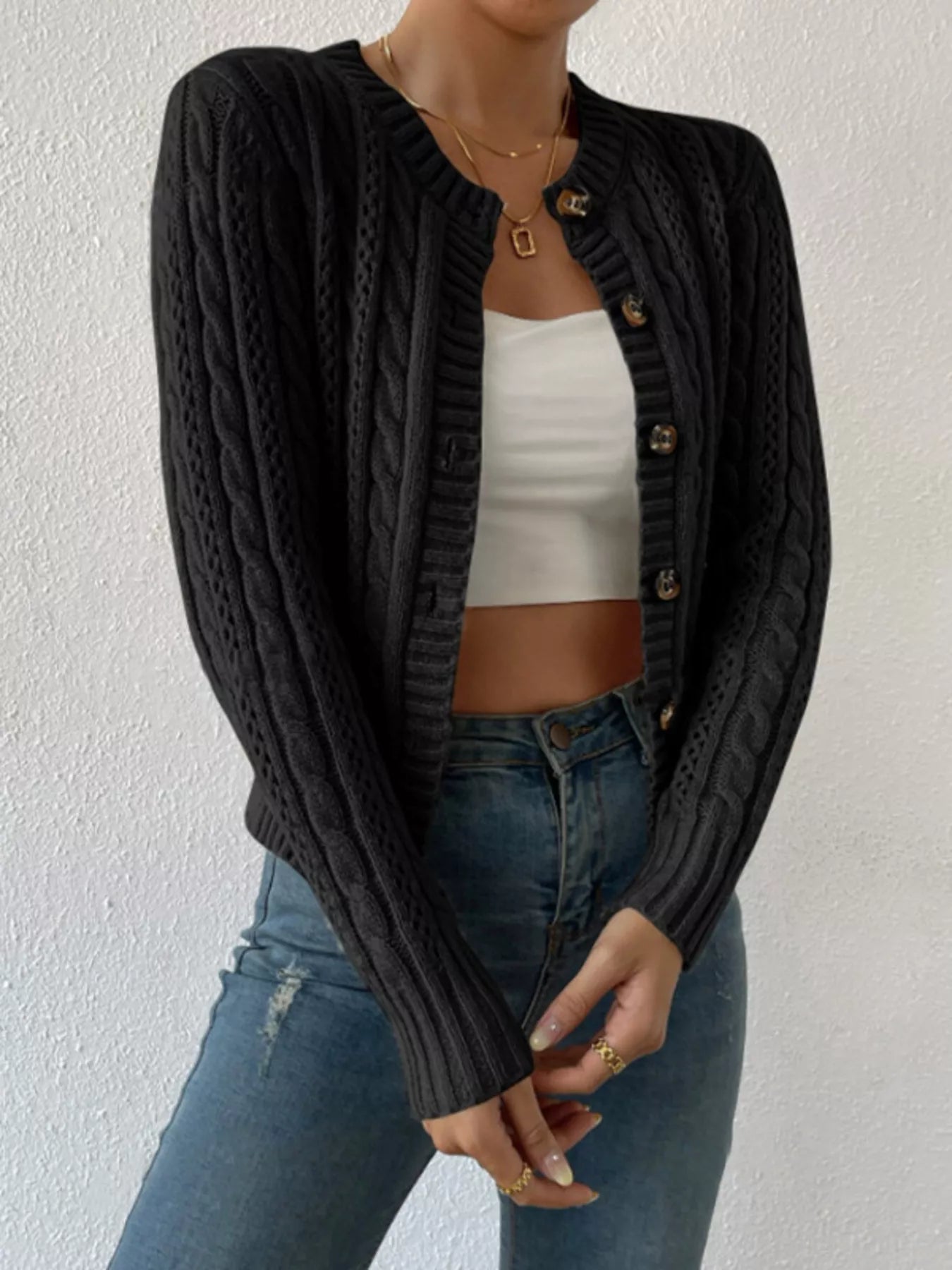 Cable Knit Button-Up Cardigan