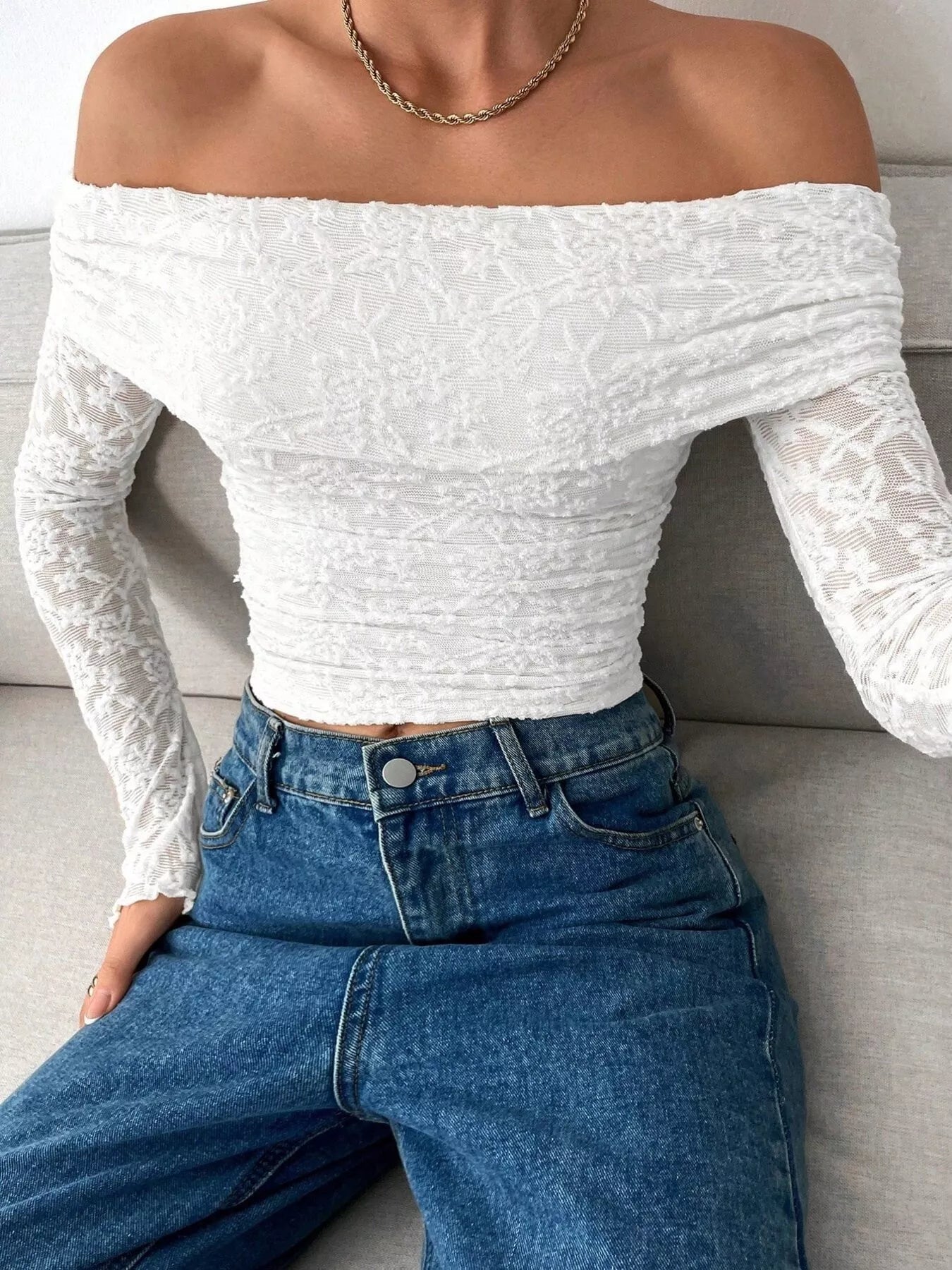 Lace Off-Shoulder Long Sleeve Top