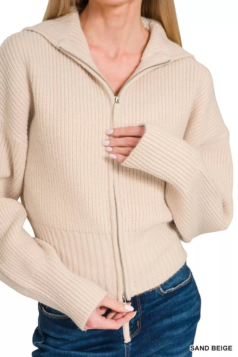 Zenana Ribbed Collared Zip Up Sweater Cardigan