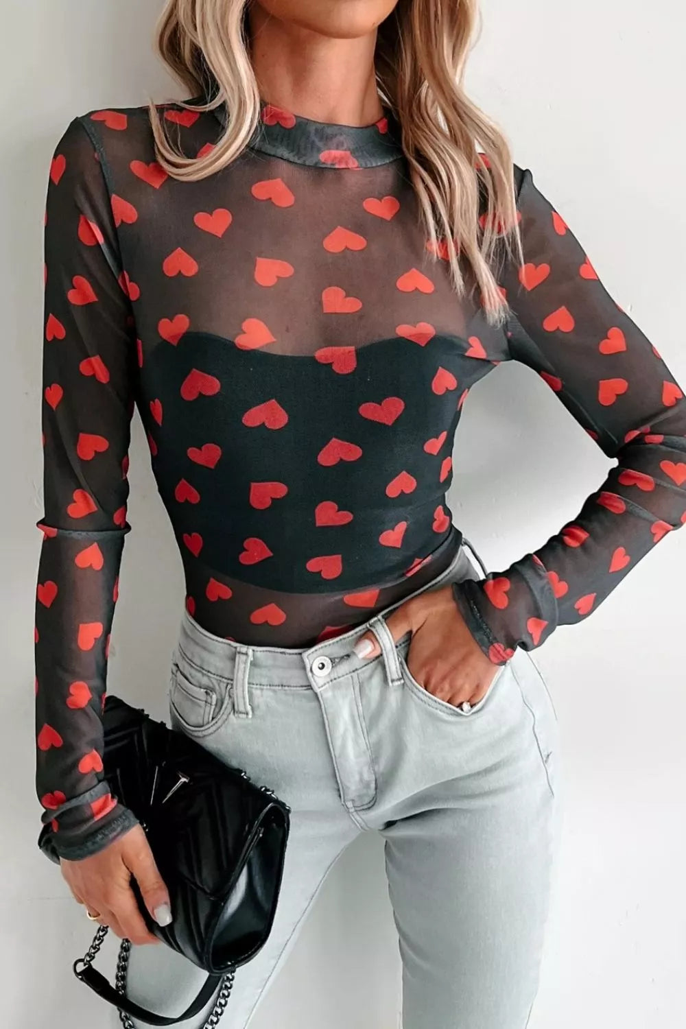 Valentines Heart Printed Sheer Mesh Long Sleeve Top