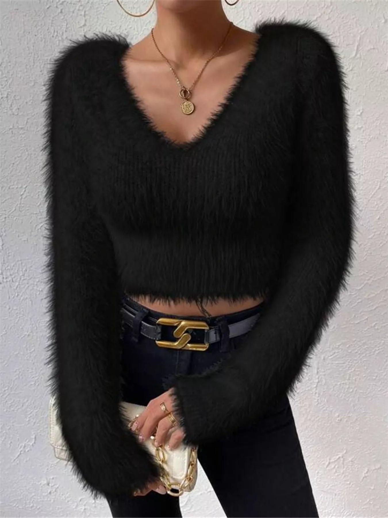 Fluffy Knit V-Neck Sweater