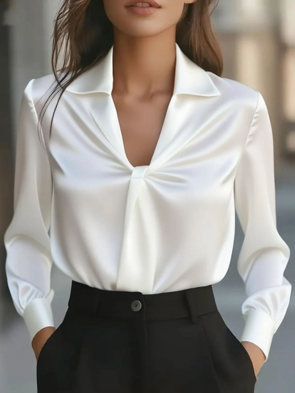 Ruched Collared Neck Long Sleeve Blouse