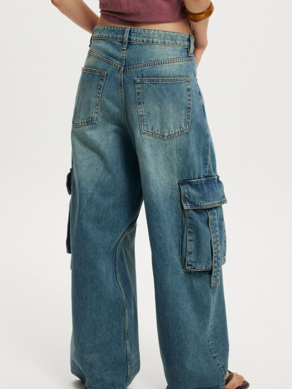 Vintage Wash Wide Leg Cargo Jeans