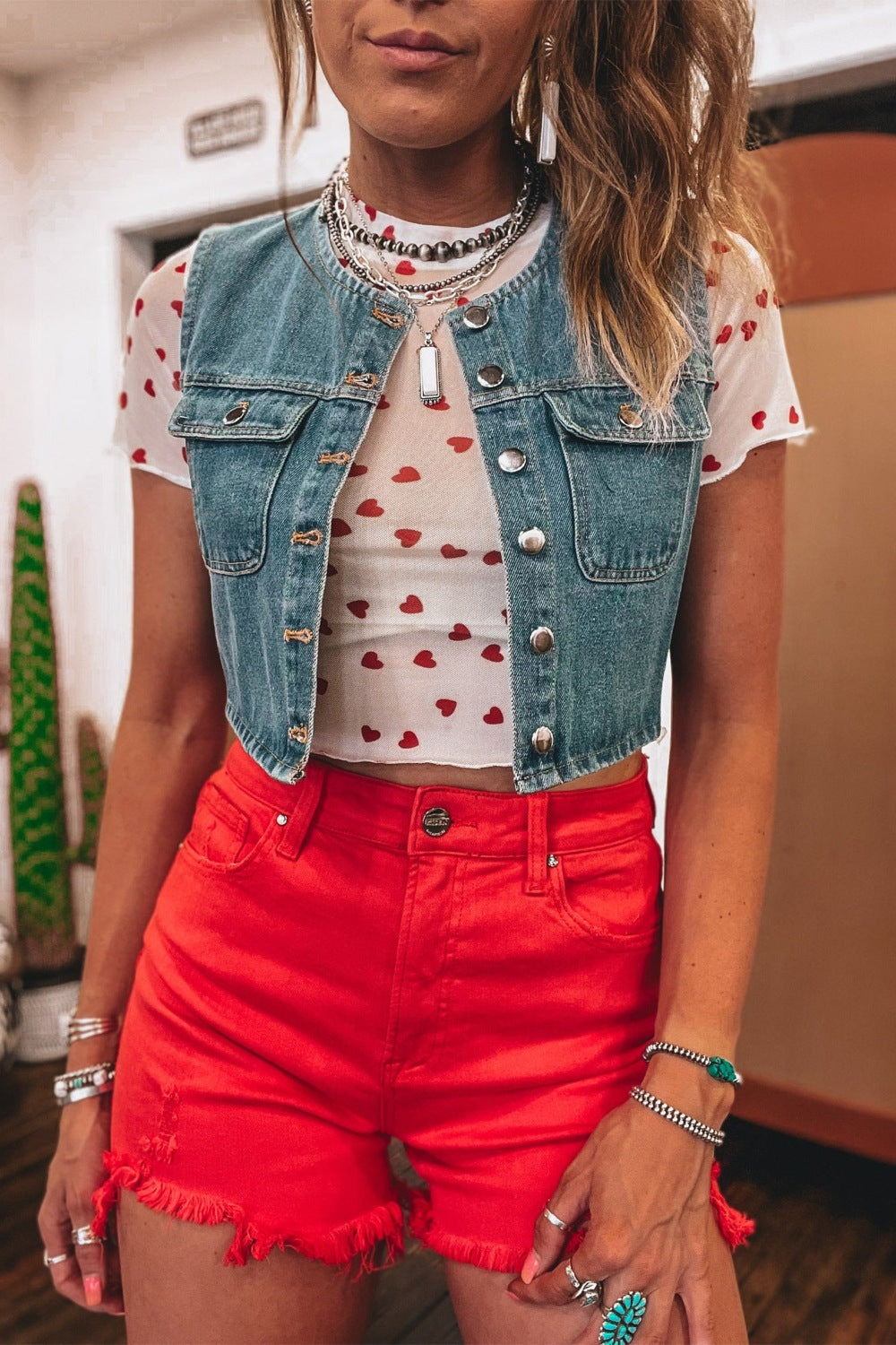 Sheer Heart Print Fitted Top