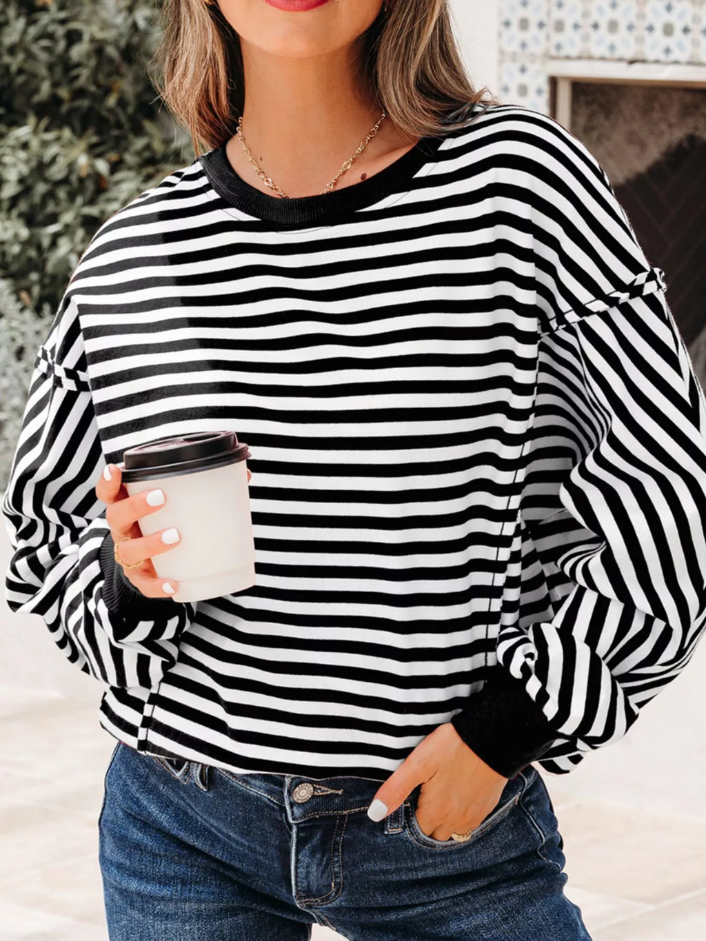 Stripe Exposed Seam Drop Shoulder Casual Pullover Top