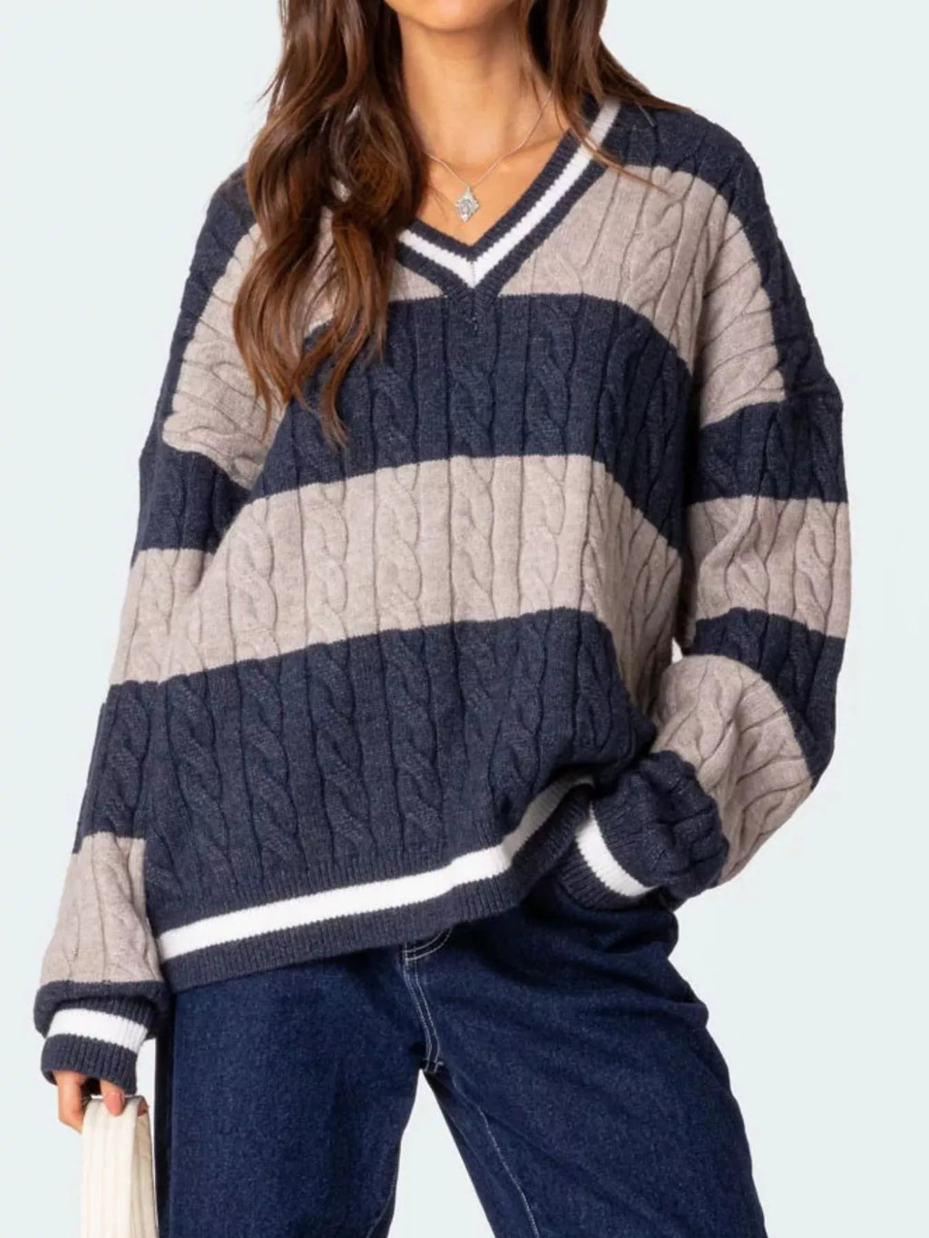 Striped Cable Knit V-Neck Sweater