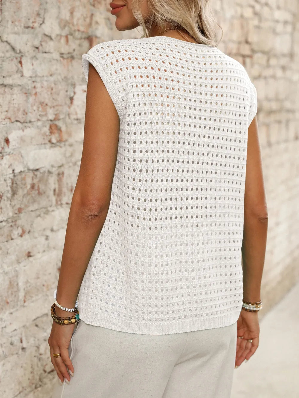 Tied Front Openwork V-Neck Knit Top