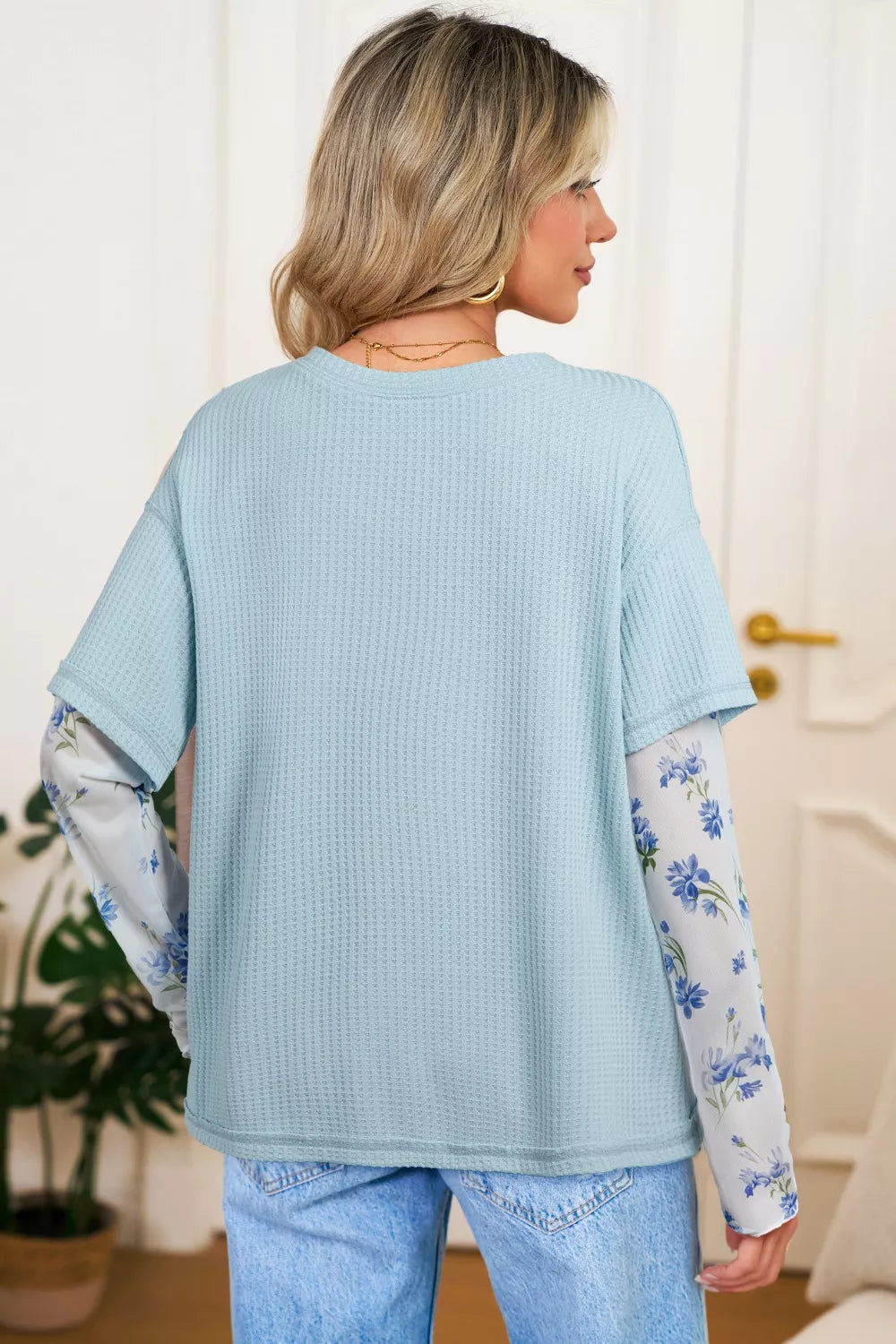 Floral Lace Sleeve Patchwork Waffle Fake Two-Piece Top