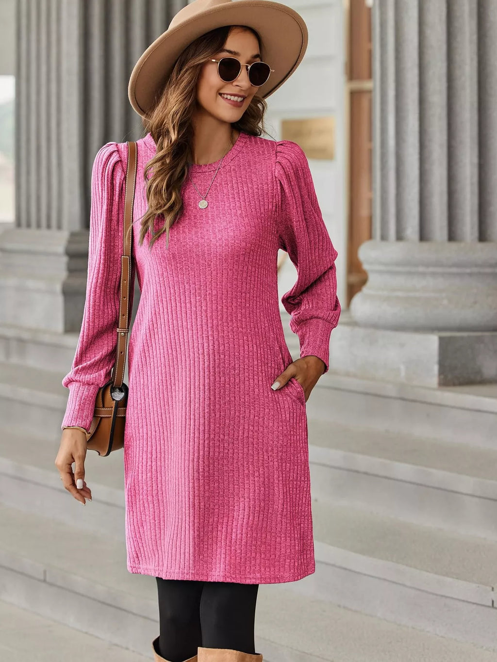 Ribbed Knit Puff Sleeve Casual Mini Dress