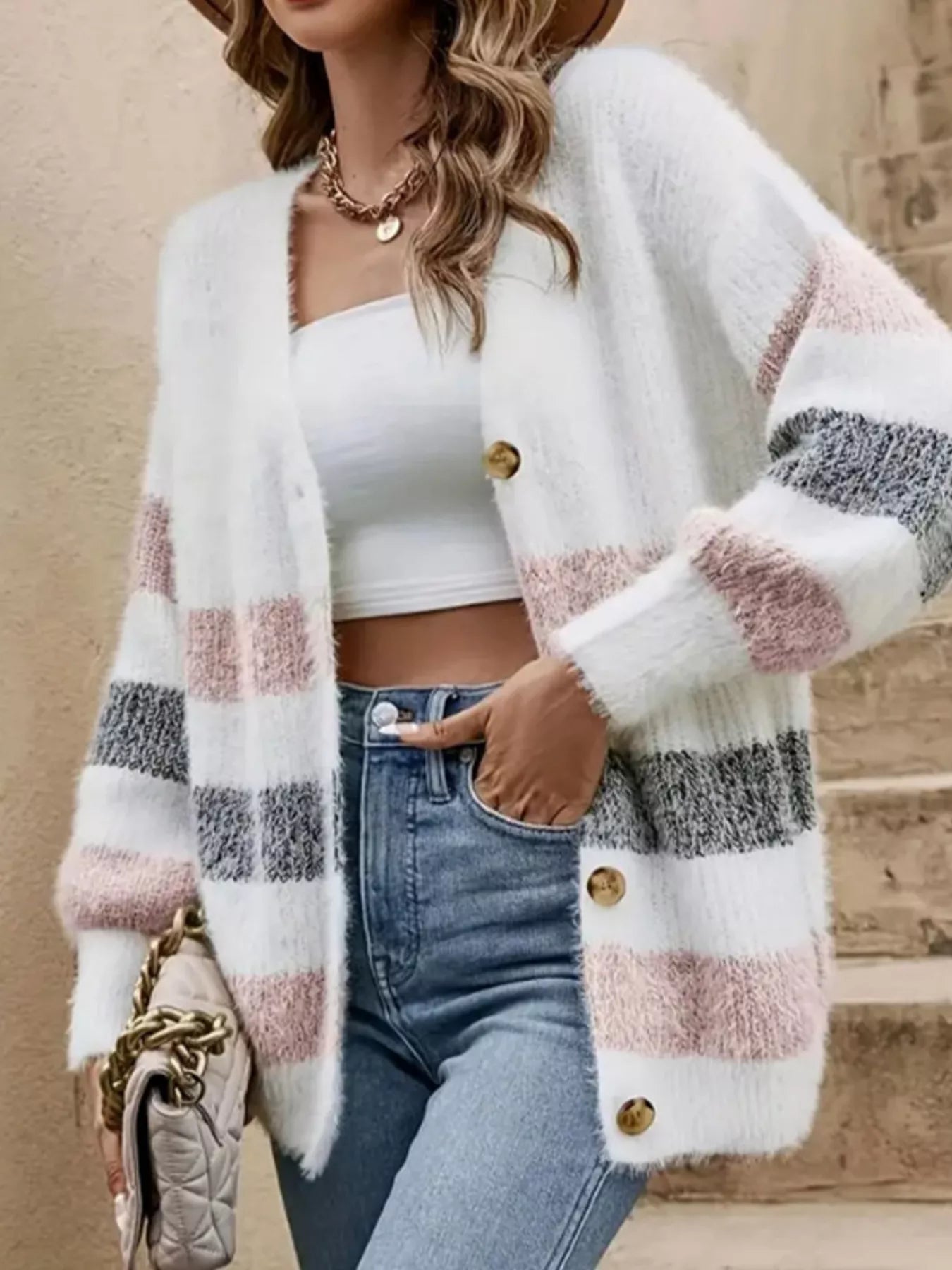 Striped Fuzzy Knit Button-Up Cardigan