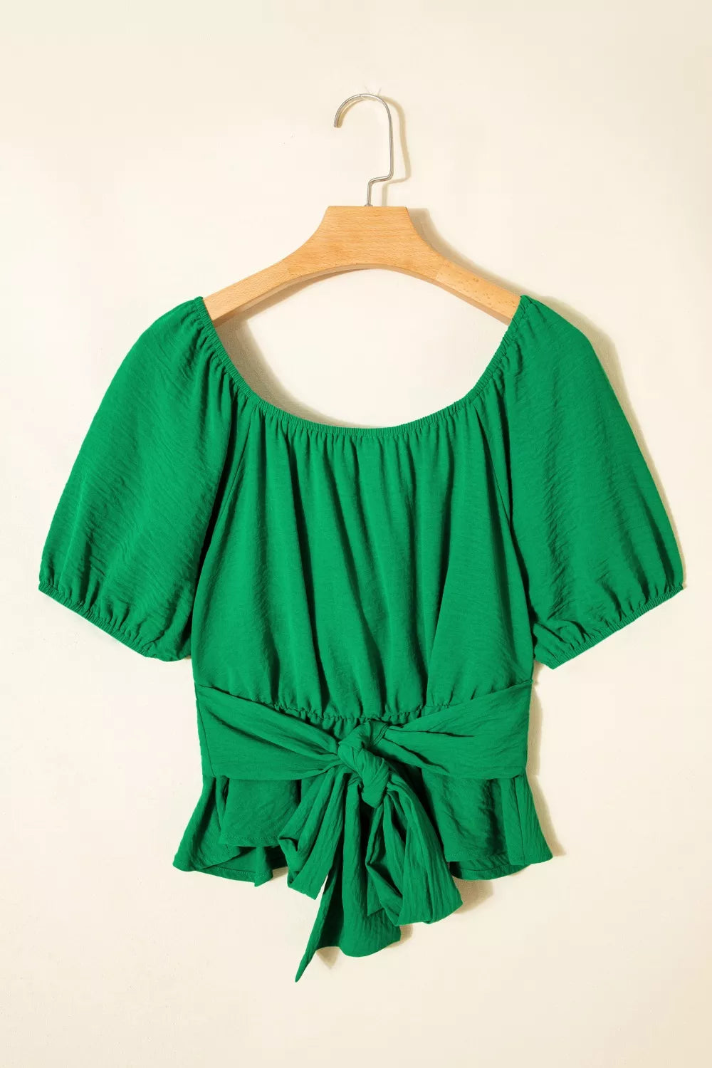 Solid Color Ruched Crossed Waist Tied Back Short Sleeve Peplum Top