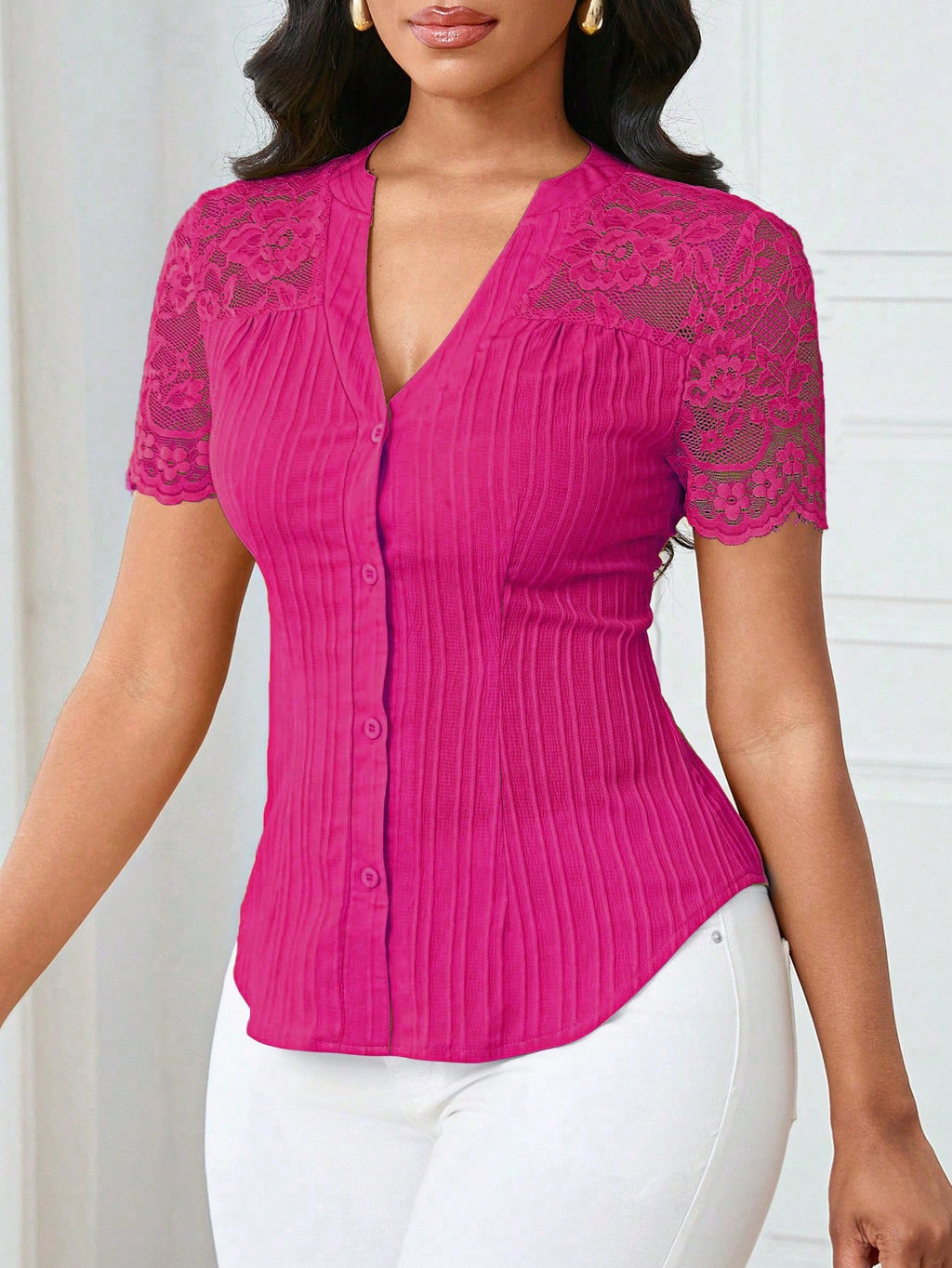 Lace Sleeve Button Up Shirt