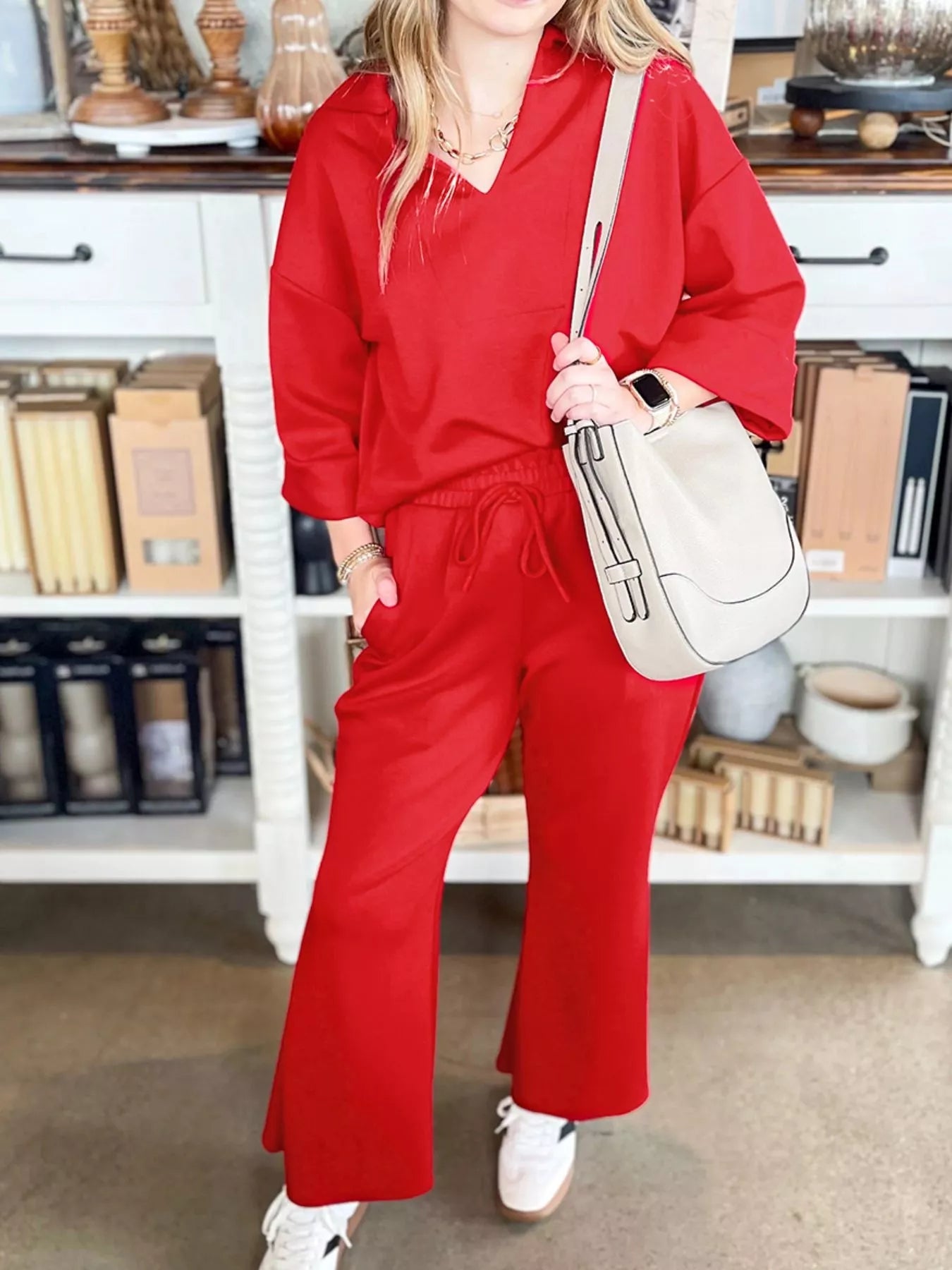 Polo Collar V Neck 3/4 Sleeve Pullover Drawstring Bell Bottom Pants 2pcs Set