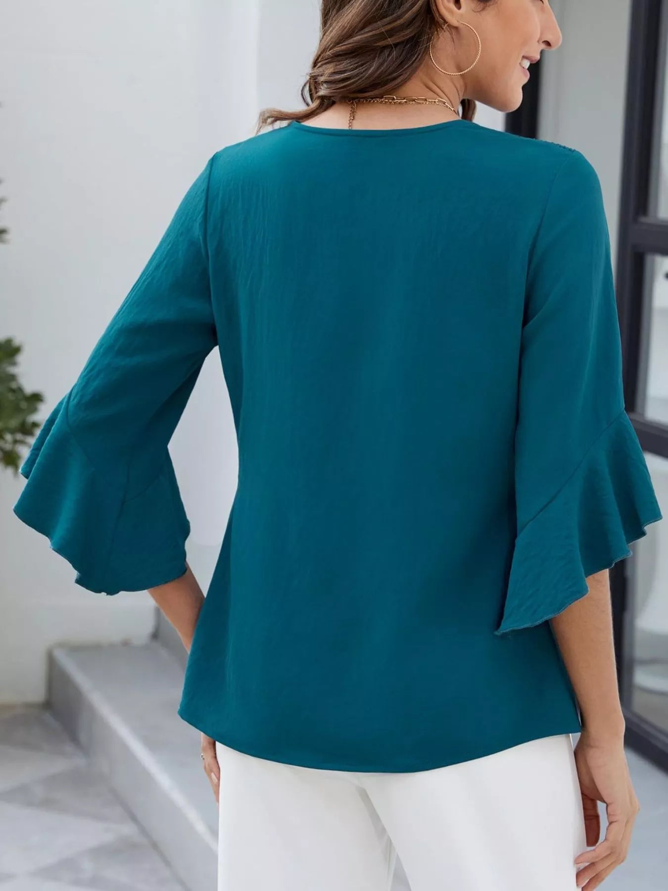 V-Neck Ruffle Sleeve Blouse