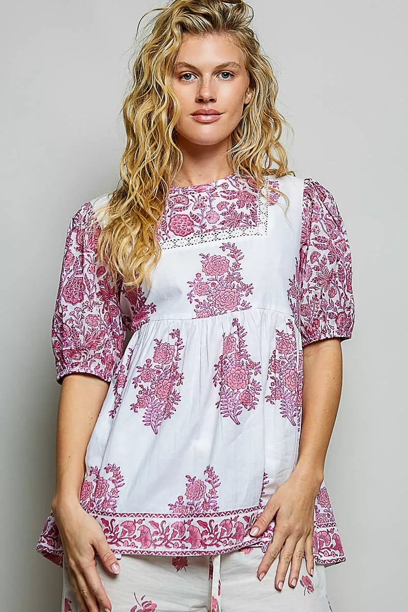 POL Vintage Hand Block Print Floral Woven Blouse