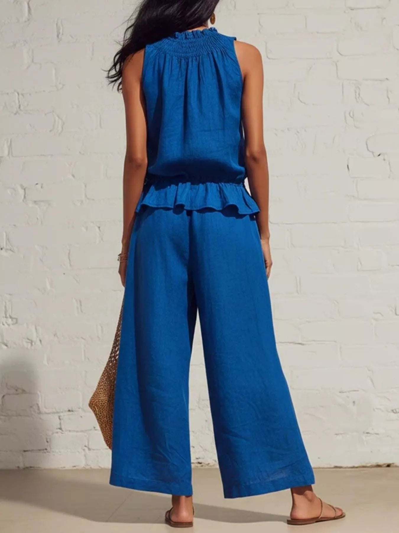Smocked Ruffled Hem Top and Wide-Leg Pants Set