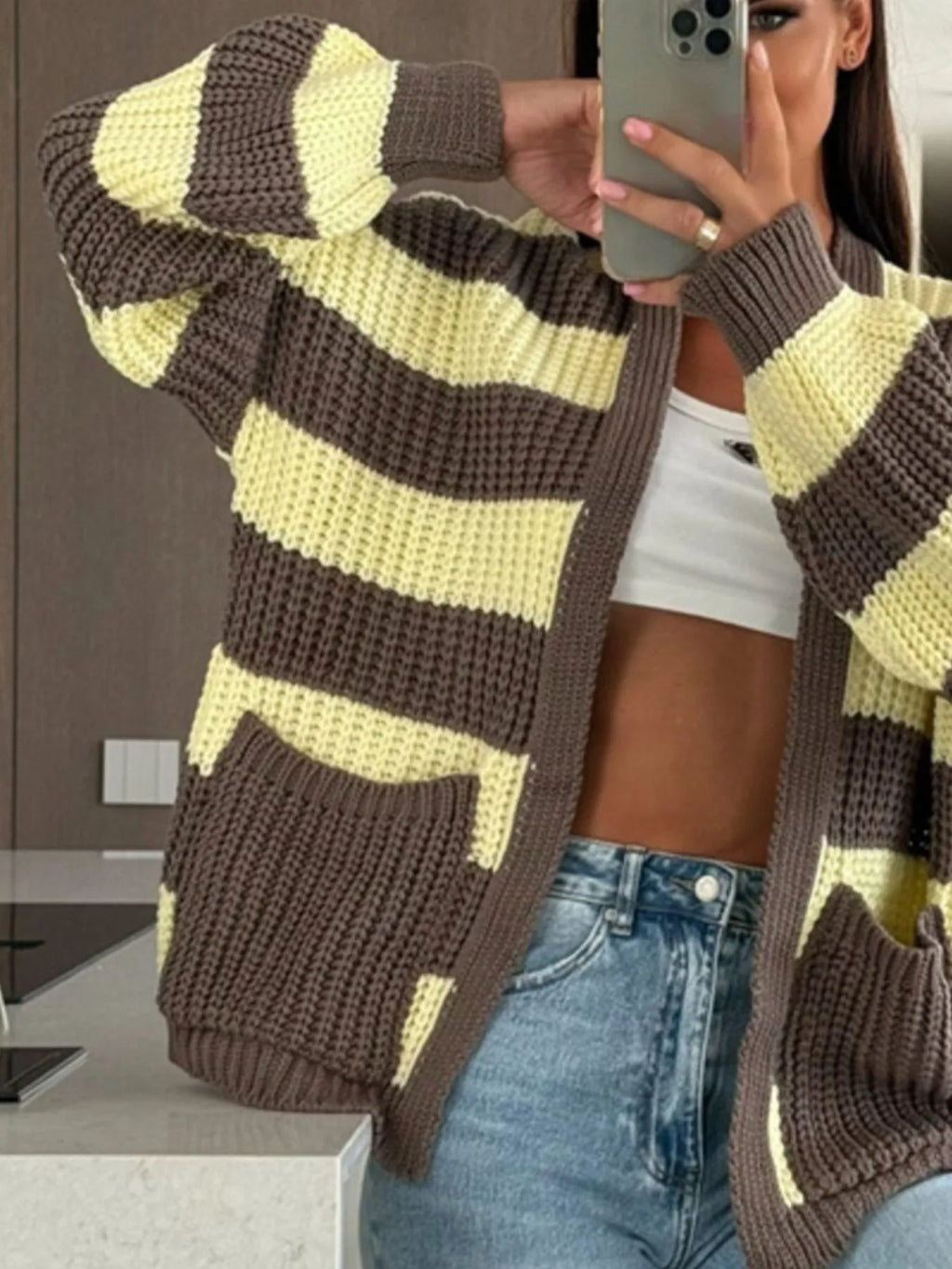 Striped Open Front Long Sleeve Cardigan