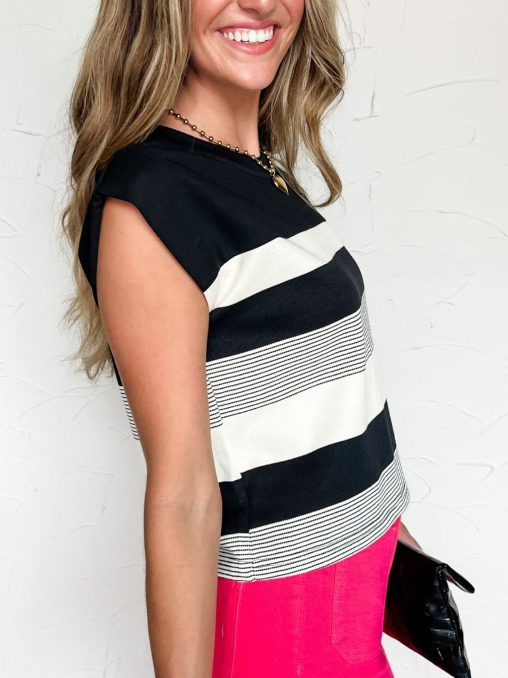 Stripe Mixed Print Crew Neck Cap Sleeve T Shirt