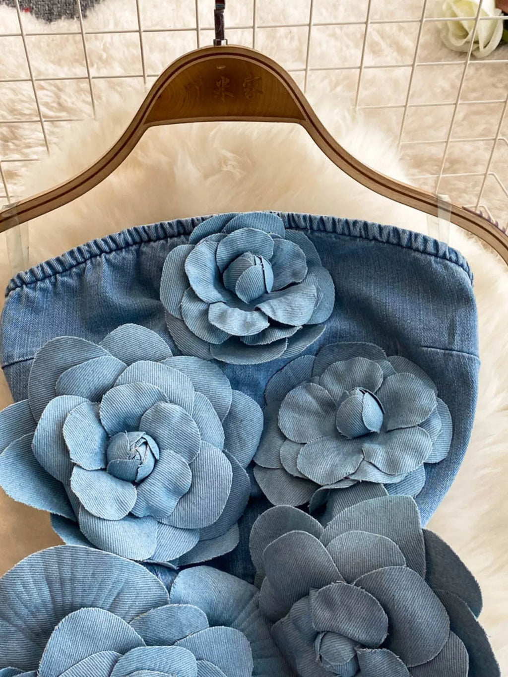 Floral Applique Strapless Denim Dress