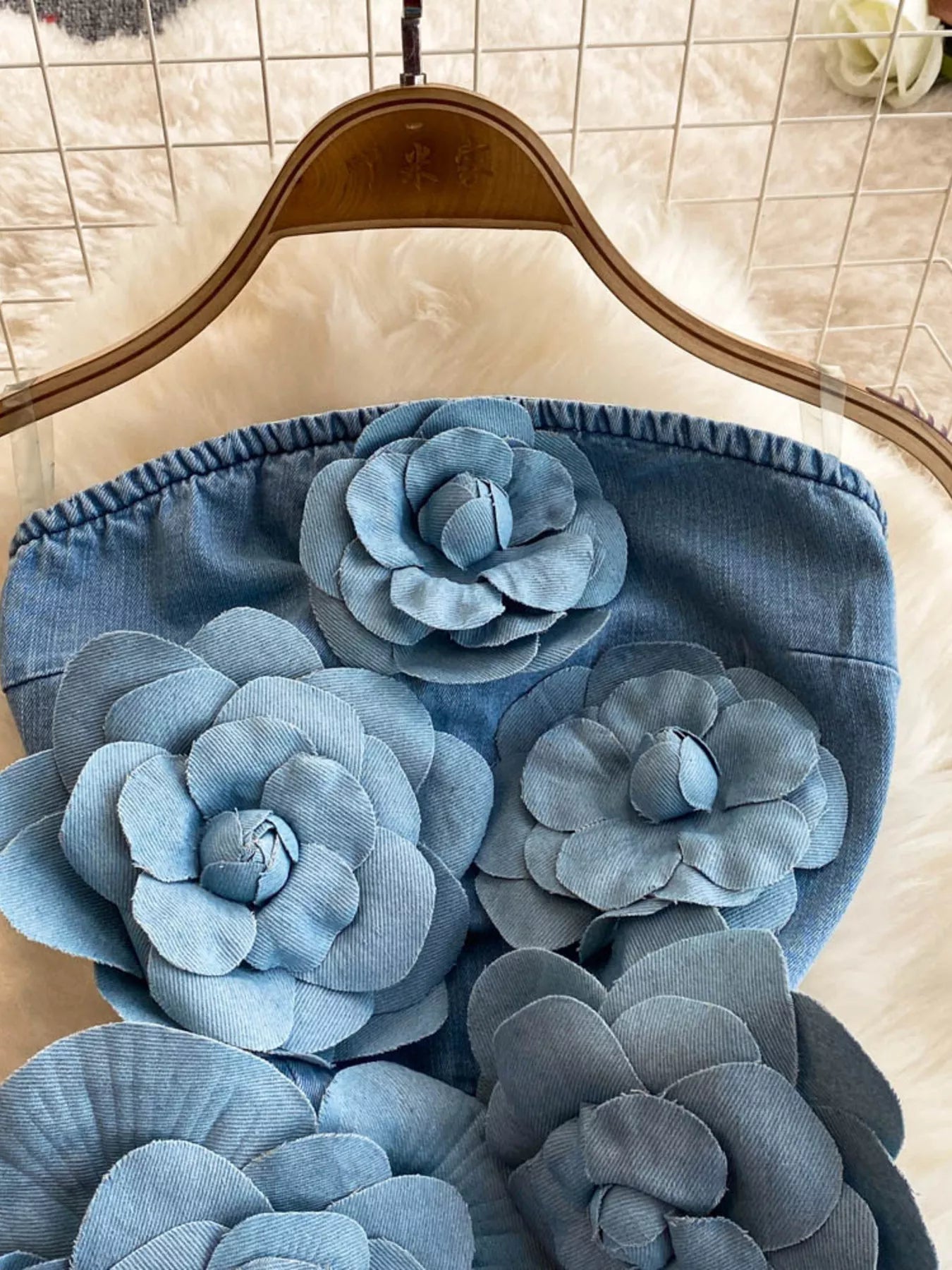 Floral Applique Strapless Denim Dress