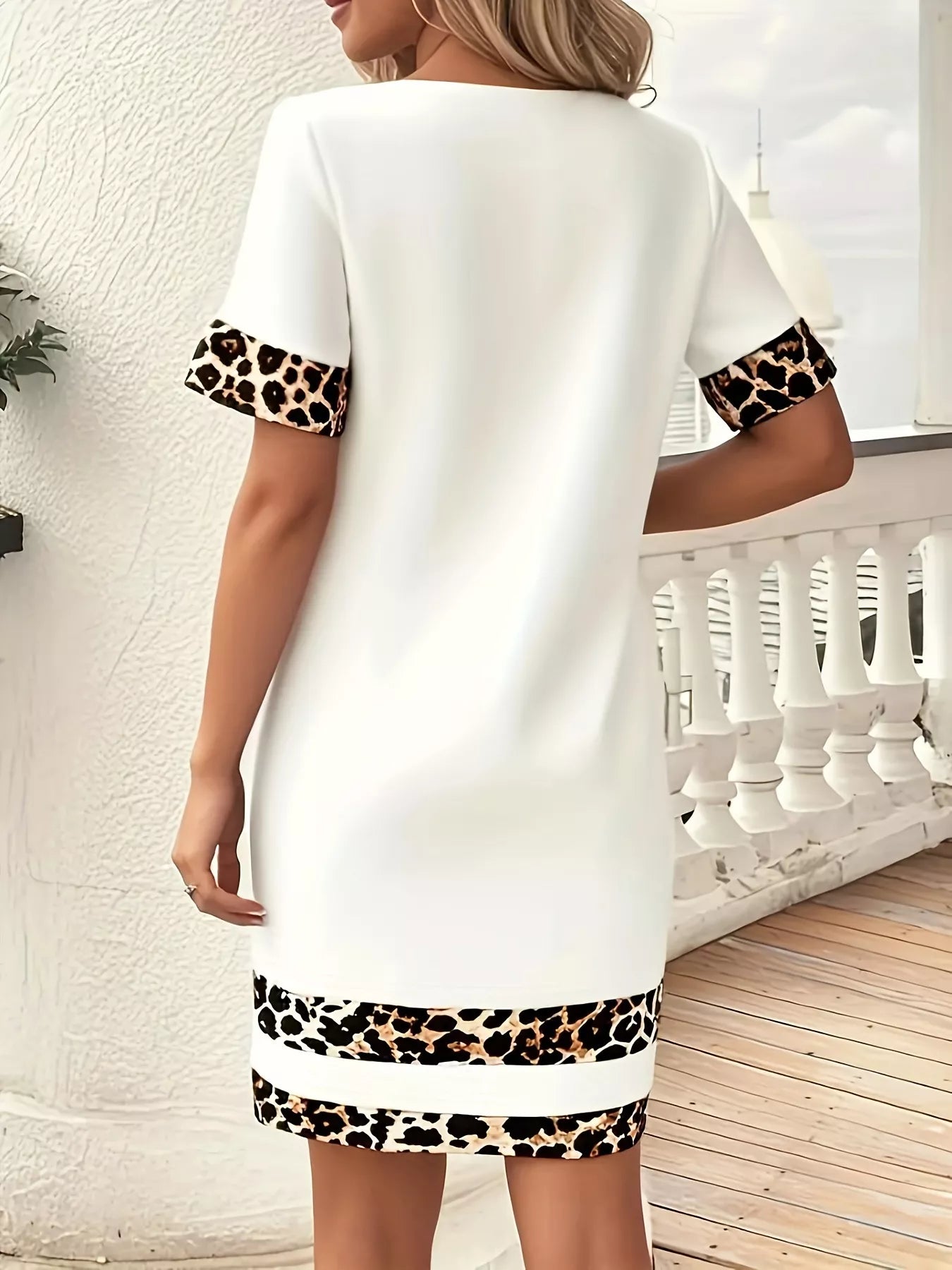 Full Size Leopard Trim Round Neck Mini Dress Plus Size