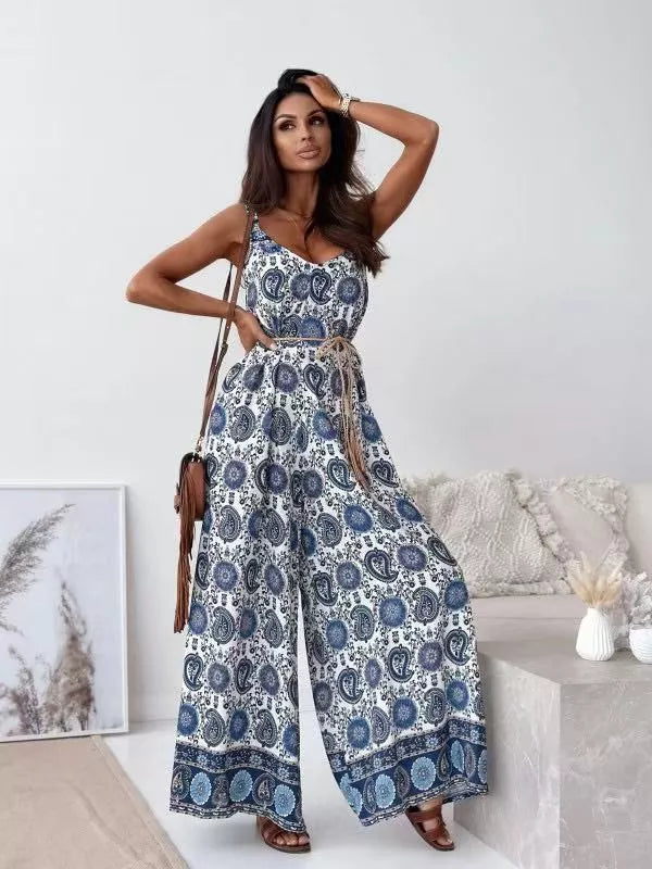 Printed Spaghetti Strap Wide-Leg Jumpsuit