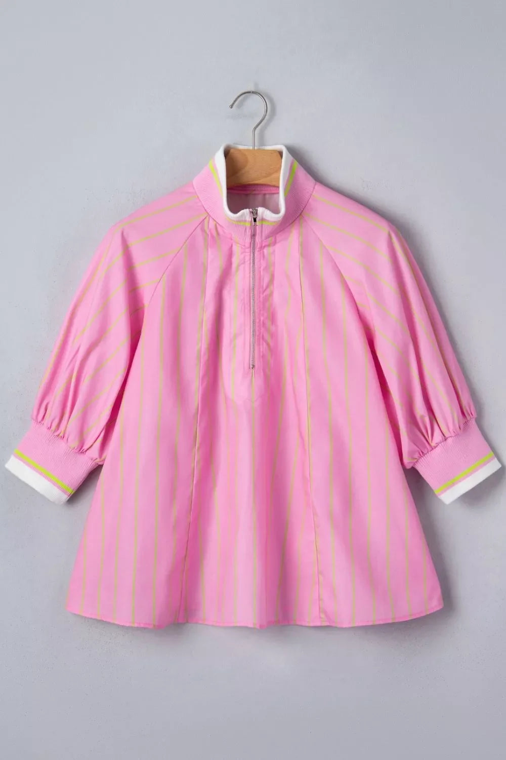 Stripe Striped V-Neck Half Sleeve Zipper Ribbed Cuff Casual Shift Blouse