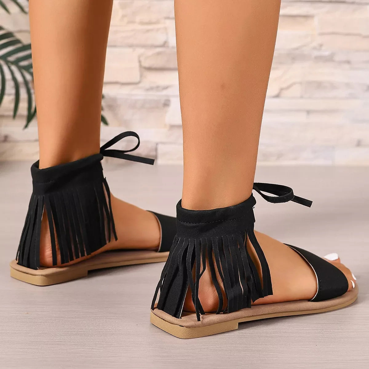 Fringe Ankle Flat Sandals